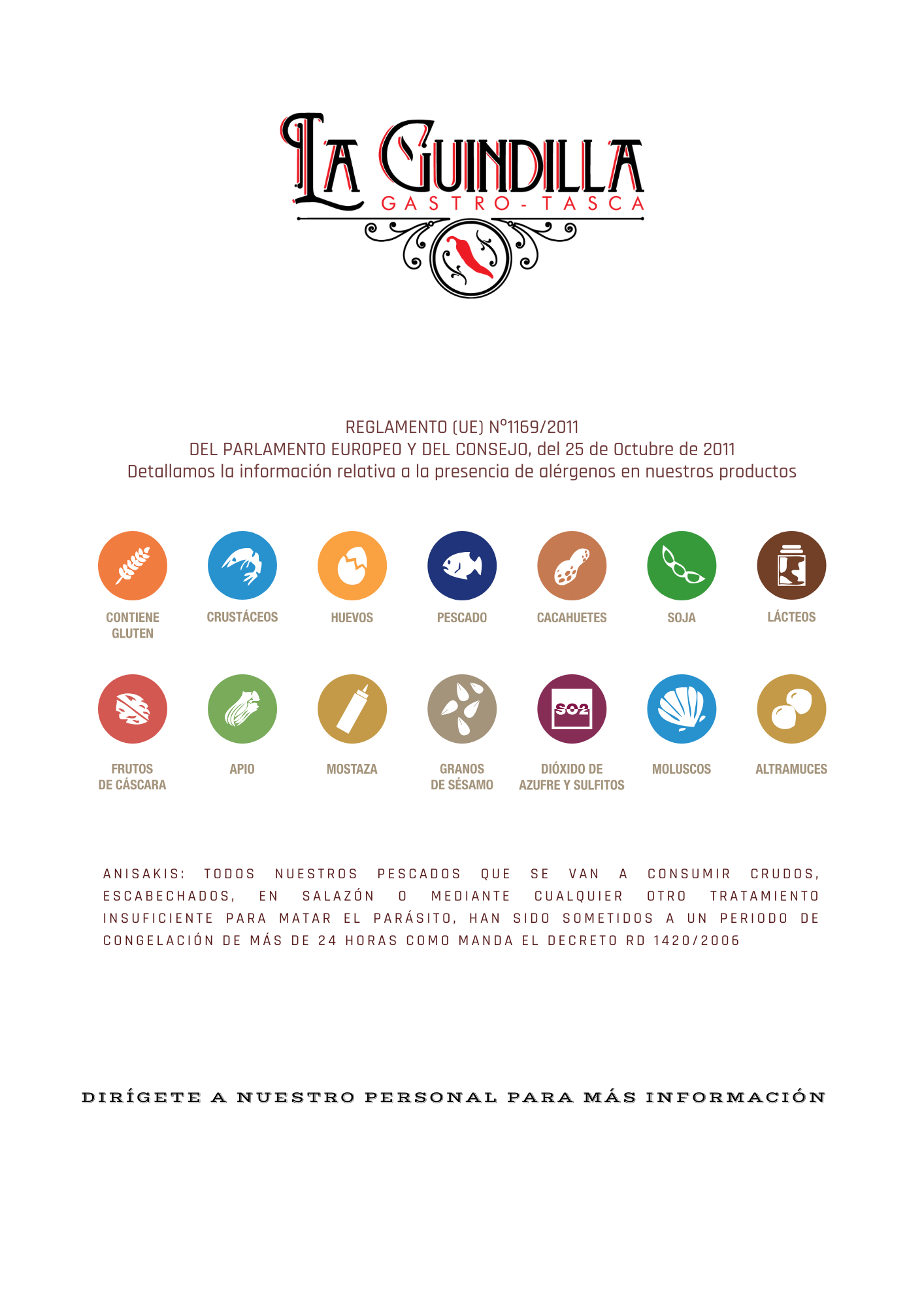 Logotipo de La Guindilla Gastro Tasca, íconos de alérgenos y texto sobre regulaciones de la UE.