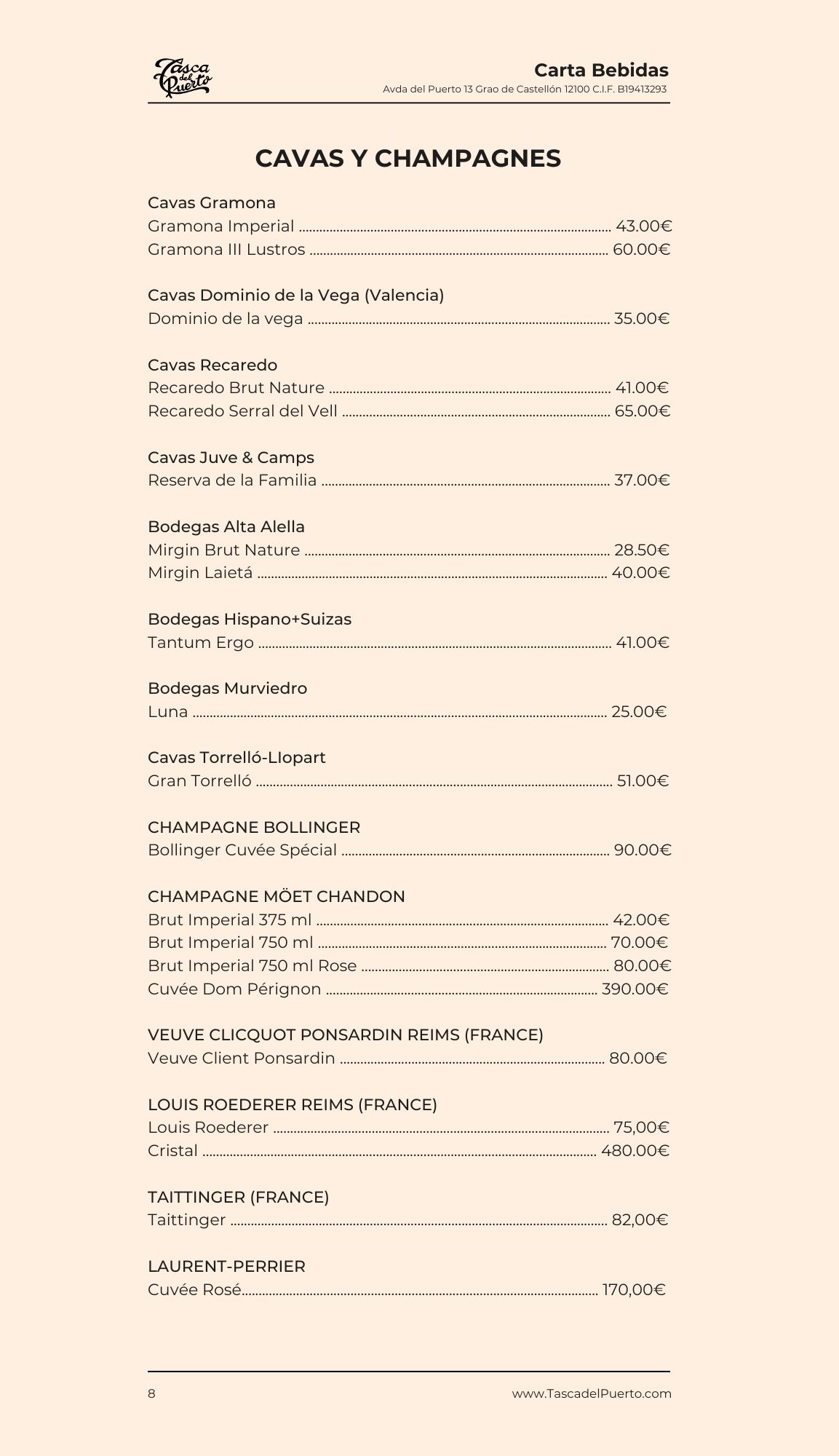 Lista de cavas y champagnes con precios en euros, destacando marcas como Gramona, Recaredo y Bollinger.