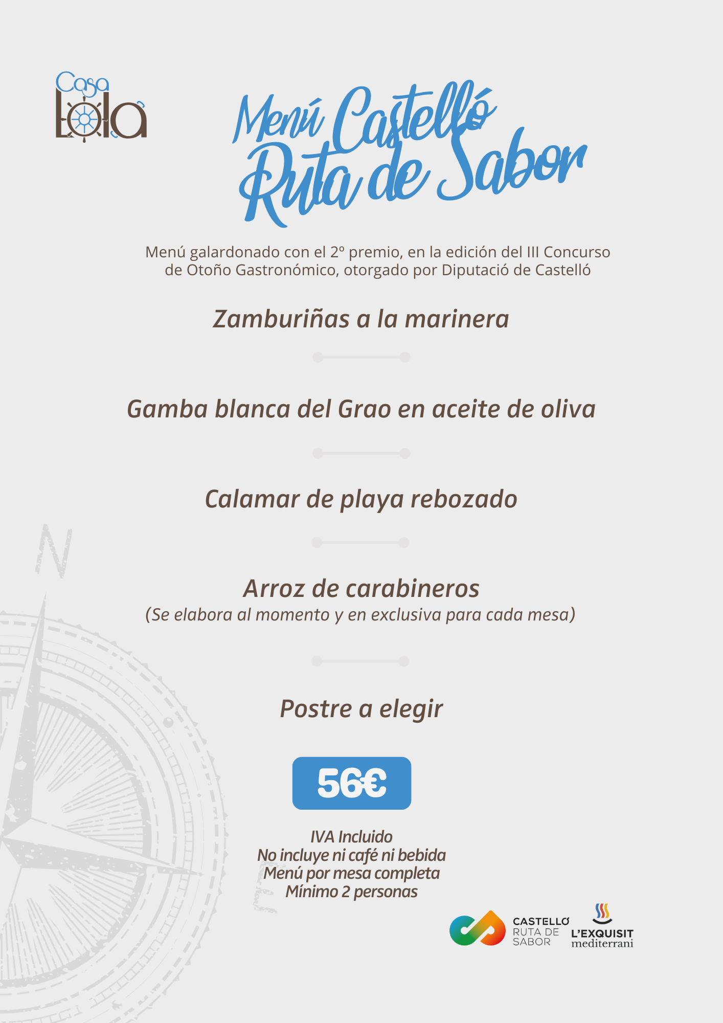 Menú Castello Ruta de Sabor con platos como zamburiñas, gamba blanca, calamar, arroz de carabineros y postre a elegir