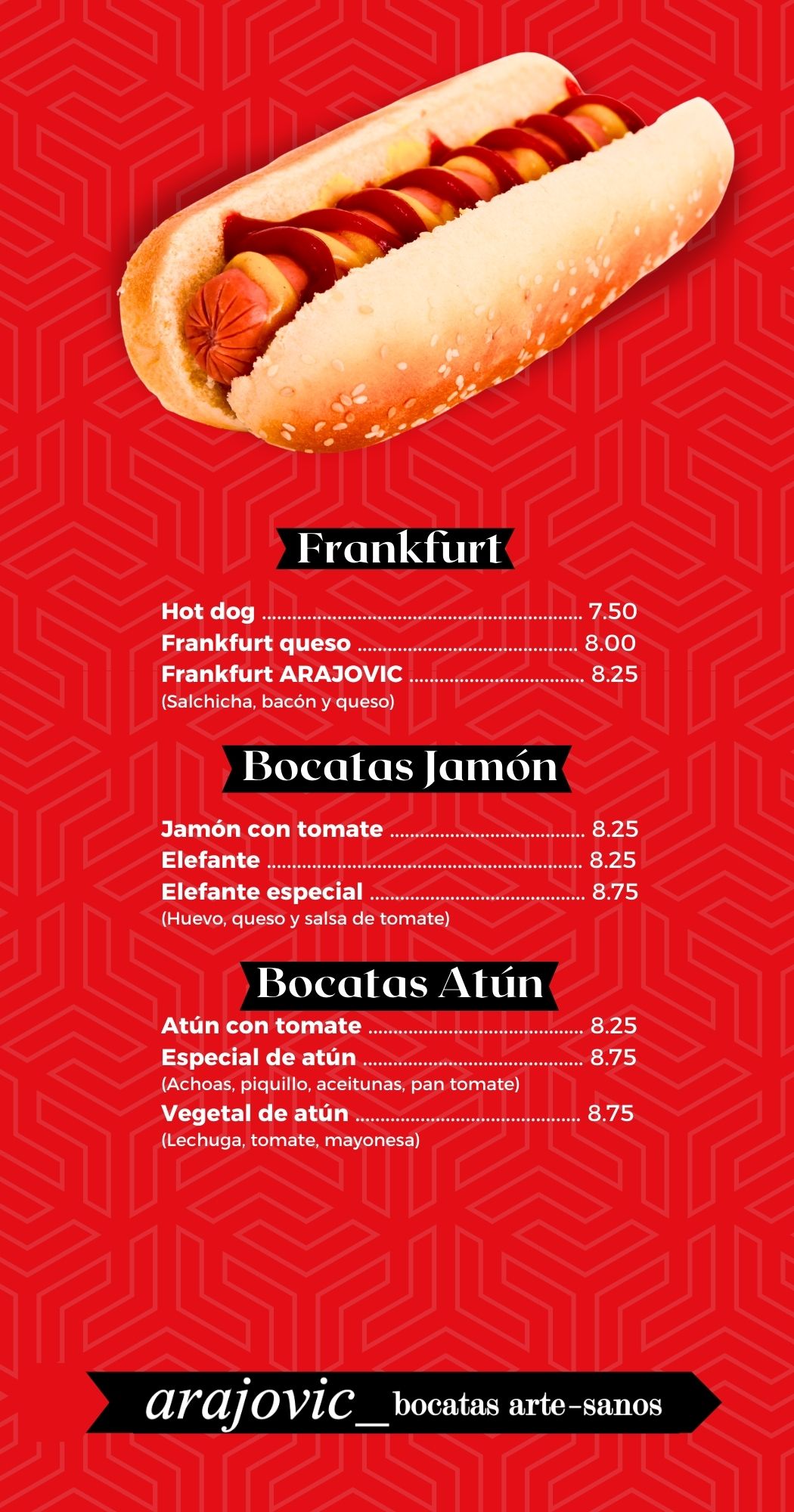 Menú de bocatas y hot dogs sobre fondo rojo con un hot dog en la parte superior.