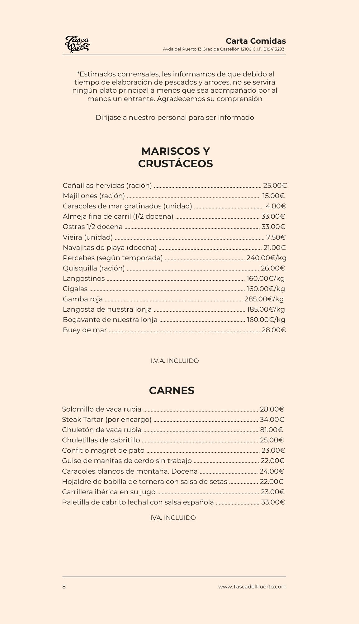 Menú de mariscos y carnes con precios, incluye canaíllas, mejillones, caracoles, entrecot, solomillo y más opciones.