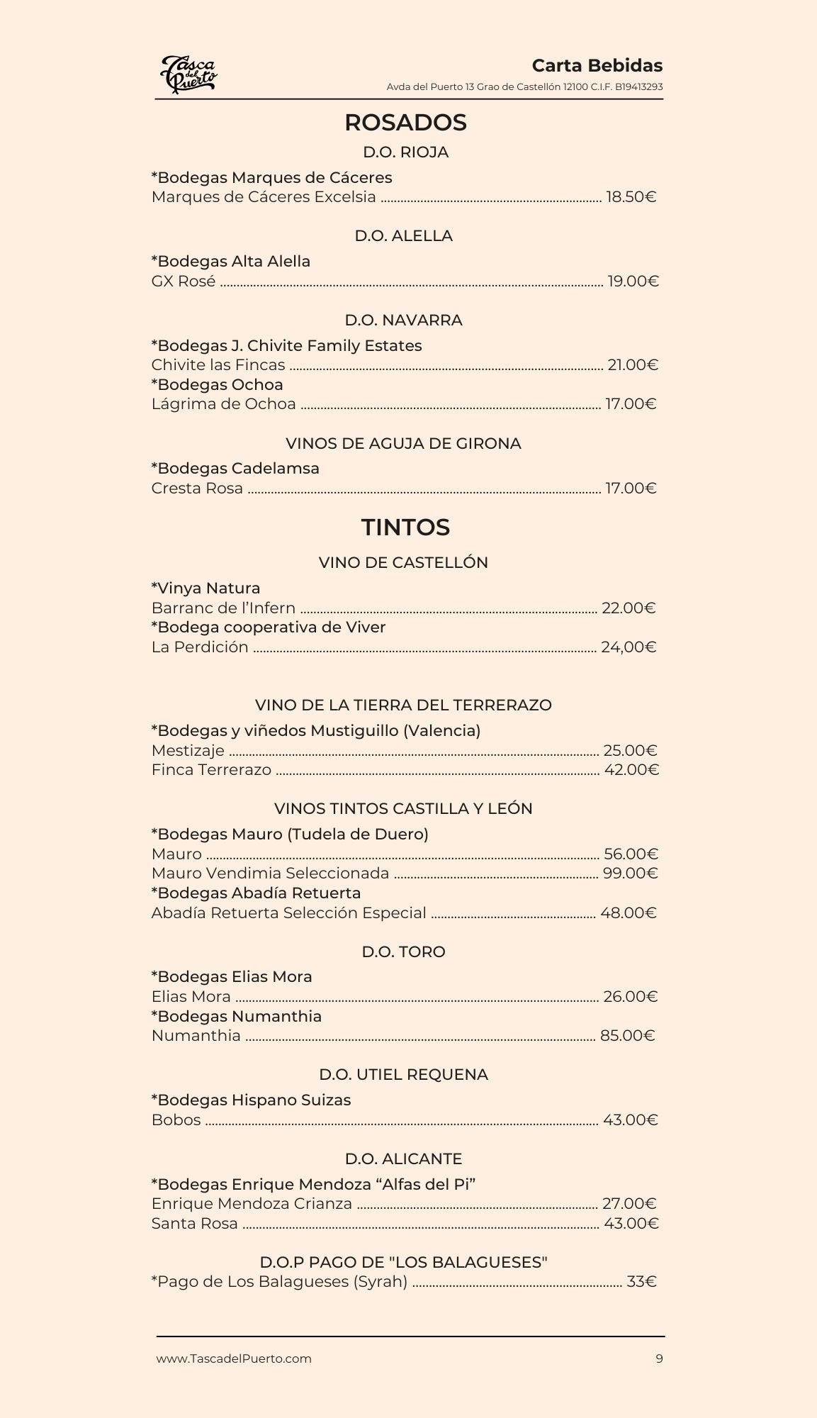 Lista de vinos rosados y tintos con precios en euros, incluyendo denominaciones de origen y bodegas destacadas.