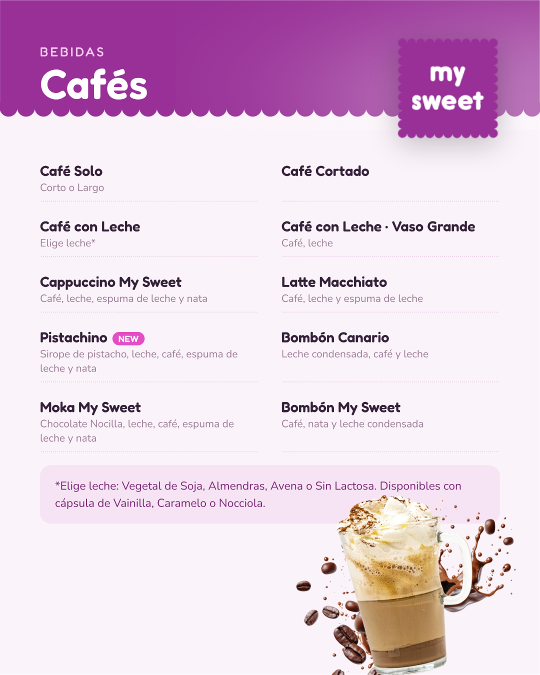 Menú de cafés de Carta Multimedia con opciones como café solo, cortado, capuccino, pistachino y moka.