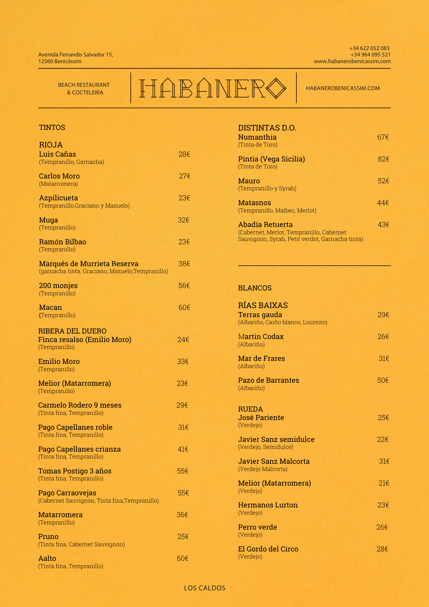 Carta de vinos del restaurante Habanero, con secciones de tintos, blancos y distintas denominaciones de origen.