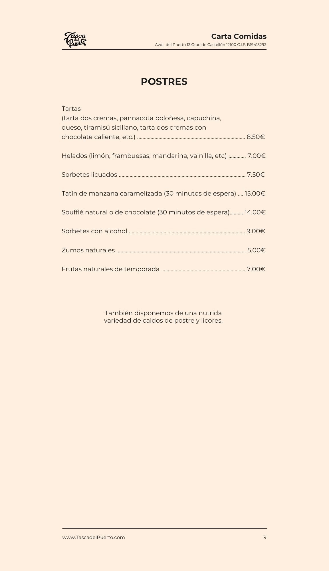 Menú de postres con precios, incluye tartas, helados, sorbetes, tatín de manzana, soufflé, zumos y frutas.