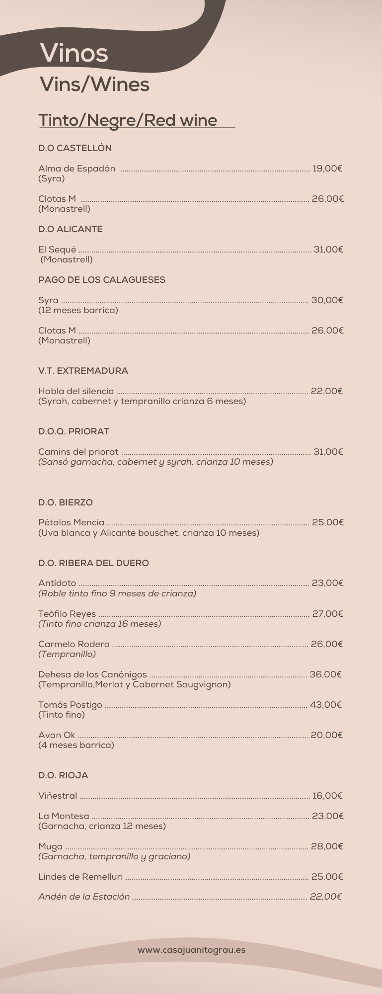 Lista de vinos tintos con precios y denominaciones de origen, incluye Ribera del Duero y Rioja. Web: casajuniorgrau.es