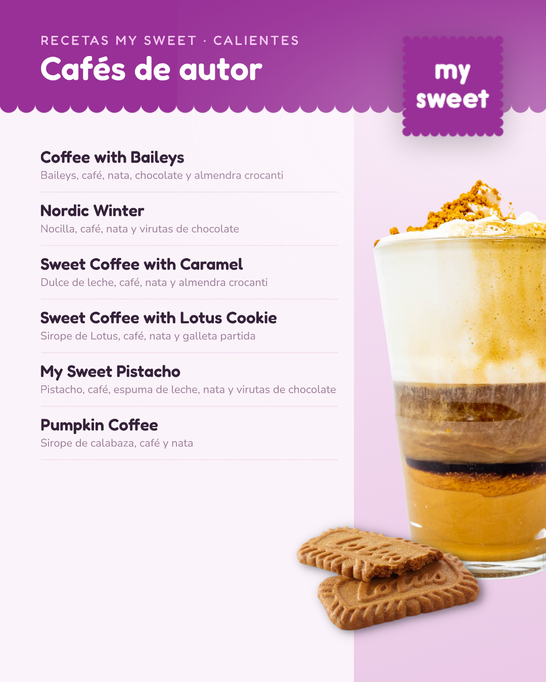 Menú de cafés de autor con ingredientes como Baileys, nata, chocolate, almendra, y galletas Lotus, junto a un café servido.