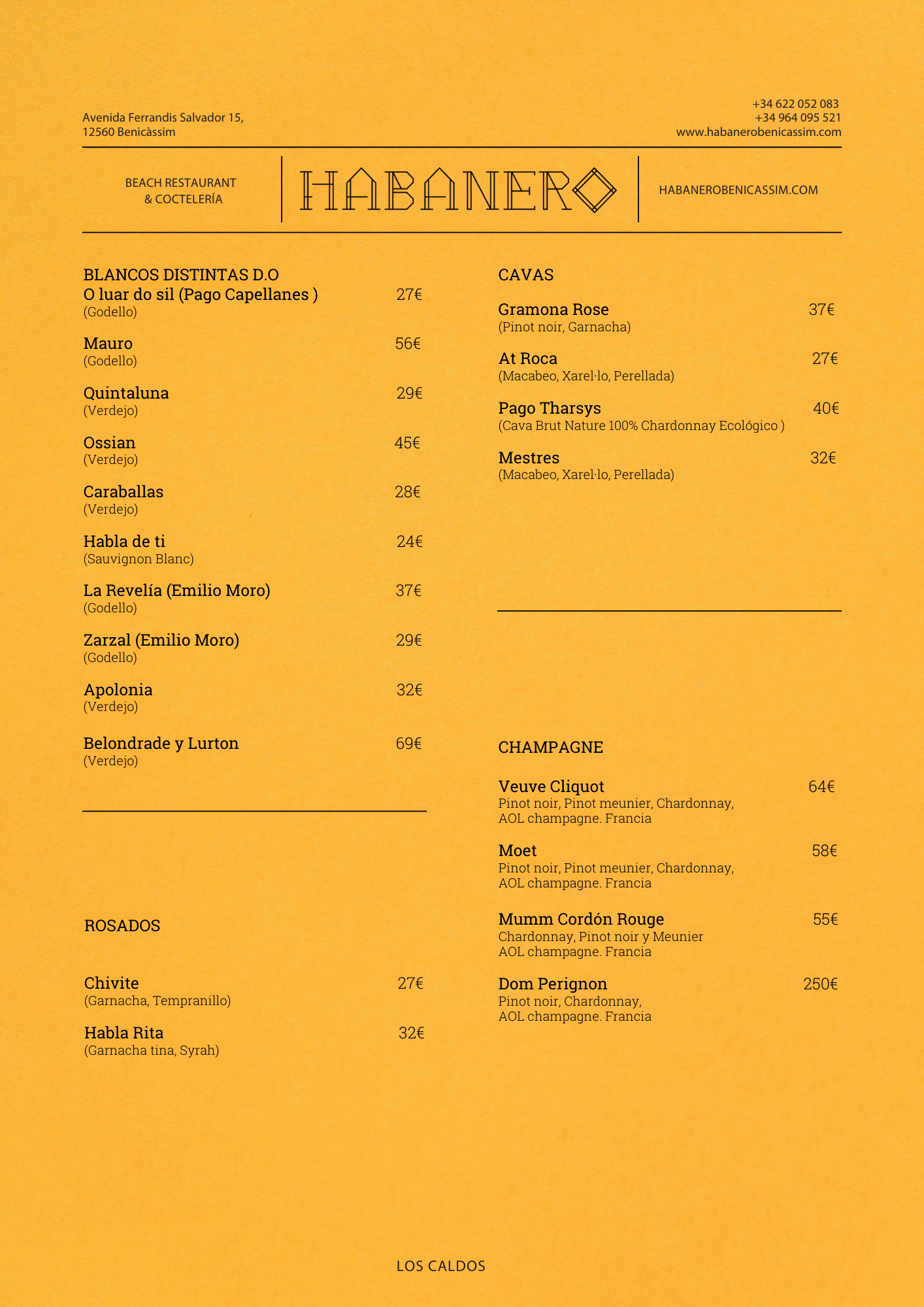 Menú de vinos y cavas del restaurante Habanero, con precios y variedades como blancos, rosados, cavas y champagnes.