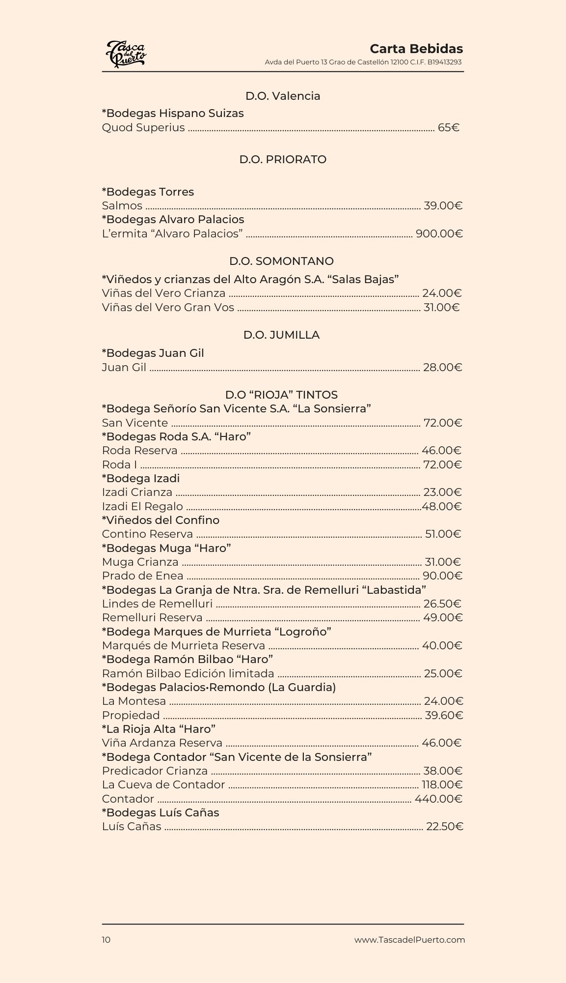 Lista de vinos con precios, incluye bodegas como Torres y Rioja Vega, en la carta de bebidas de Carta Multimedia.