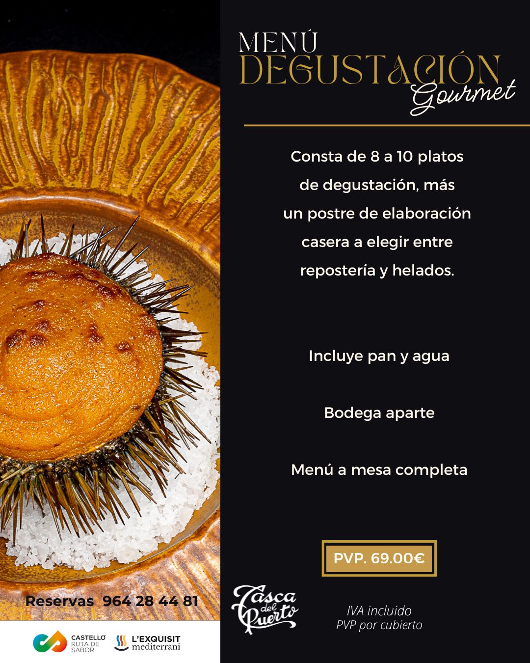 Menú degustación gourmet con erizo de mar sobre plato decorativo y detalles de precios y reservas.