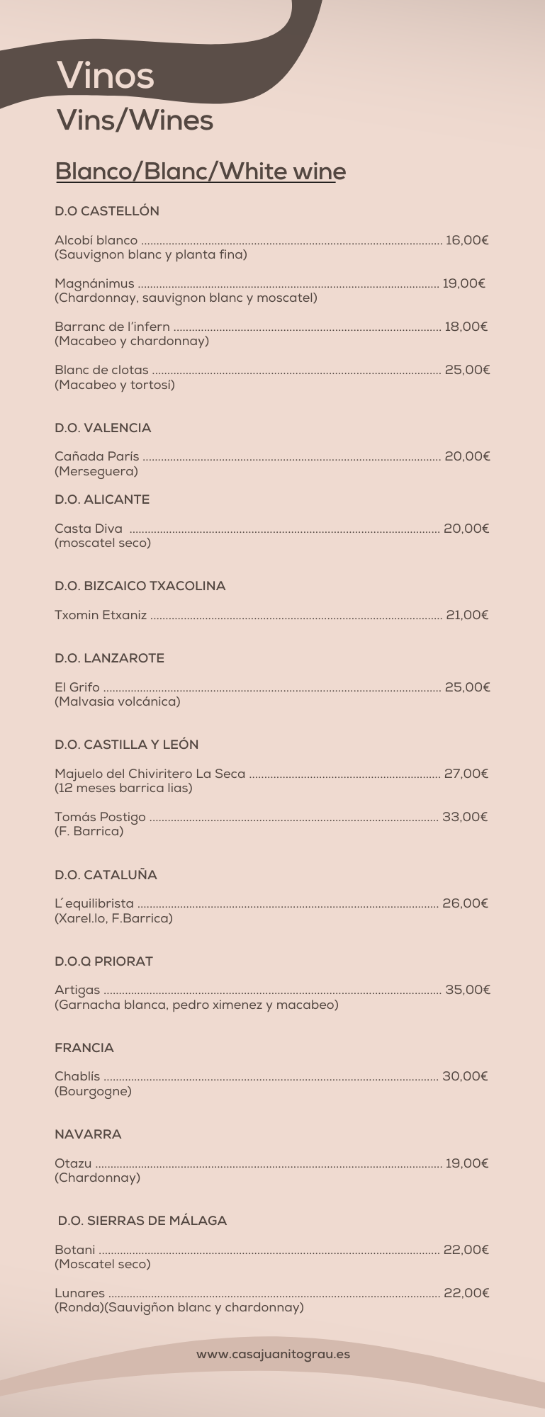 Carta de vinos blancos con denominación de origen de varias regiones de España, precios a la derecha.