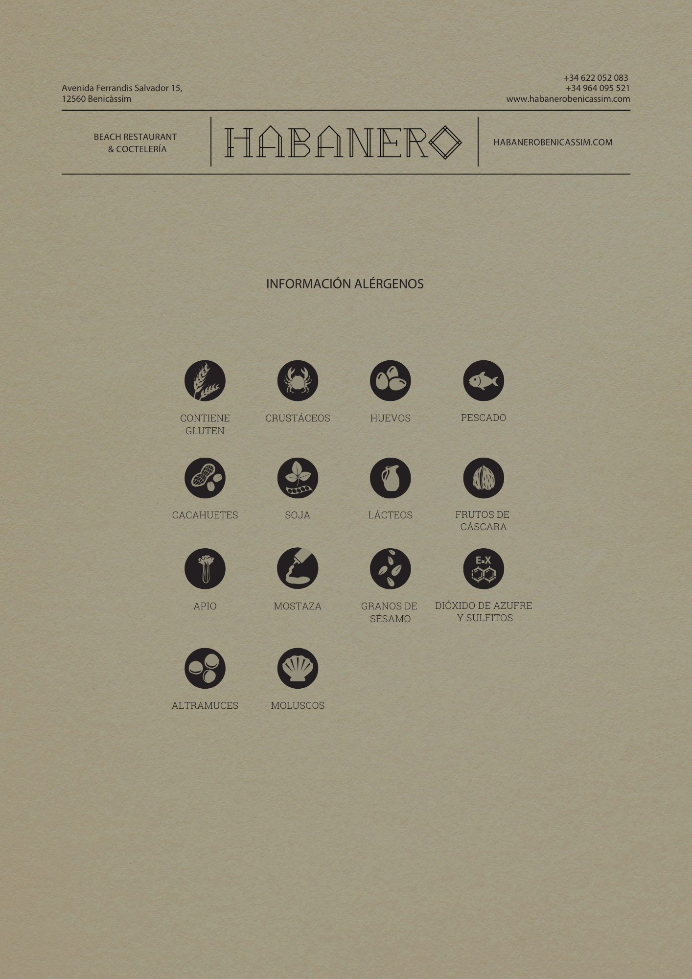 Logotipo de Habanero con dirección y contacto, seguido de iconos de alérgenos como gluten, crustáceos, huevos y pescado