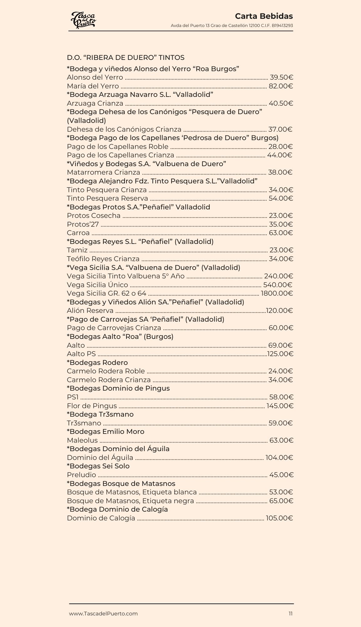Lista de vinos tintos con precios, incluyendo Ribera de Duero y bodegas como Arzuaga y Matarromera, en Carta Bebidas.