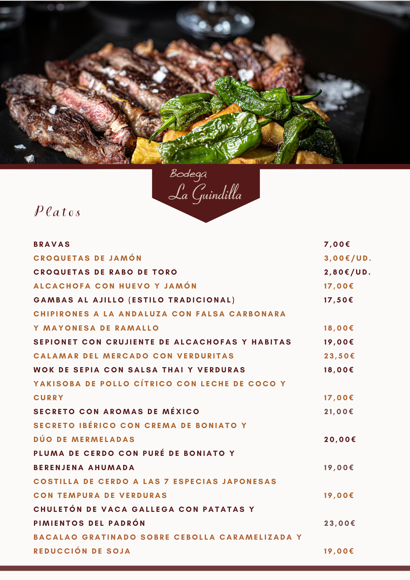 Menú de restaurante con lista de platos y precios, incluye bravas, croquetas, gambas al ajillo y solomillo.