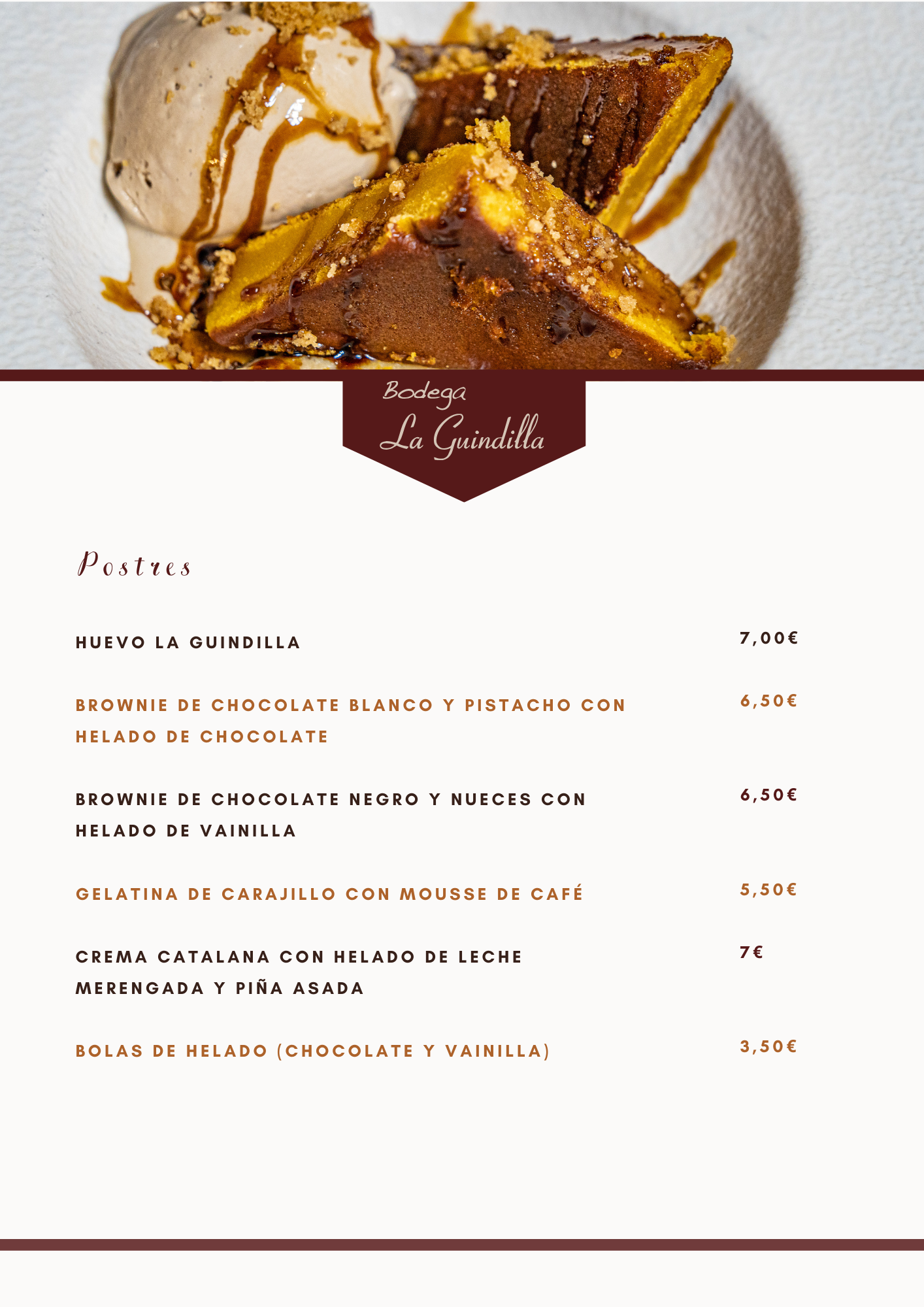 Postre con brownie de chocolate y helado, menú de Bodega La Guindilla, lista de precios a la derecha.