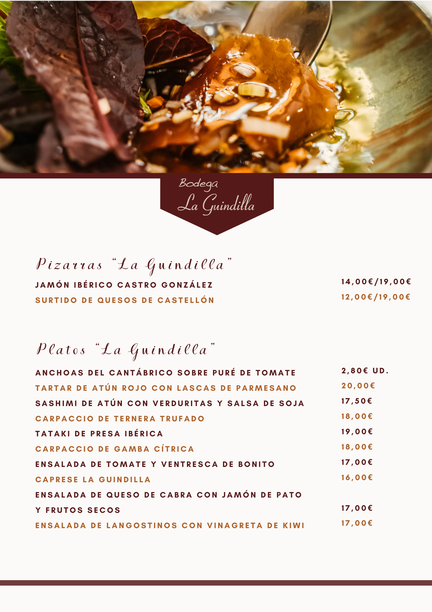 Menú de La Gundilla con platos como jamón ibérico, carpaccio de ternera y ensalada de queso de cabra.