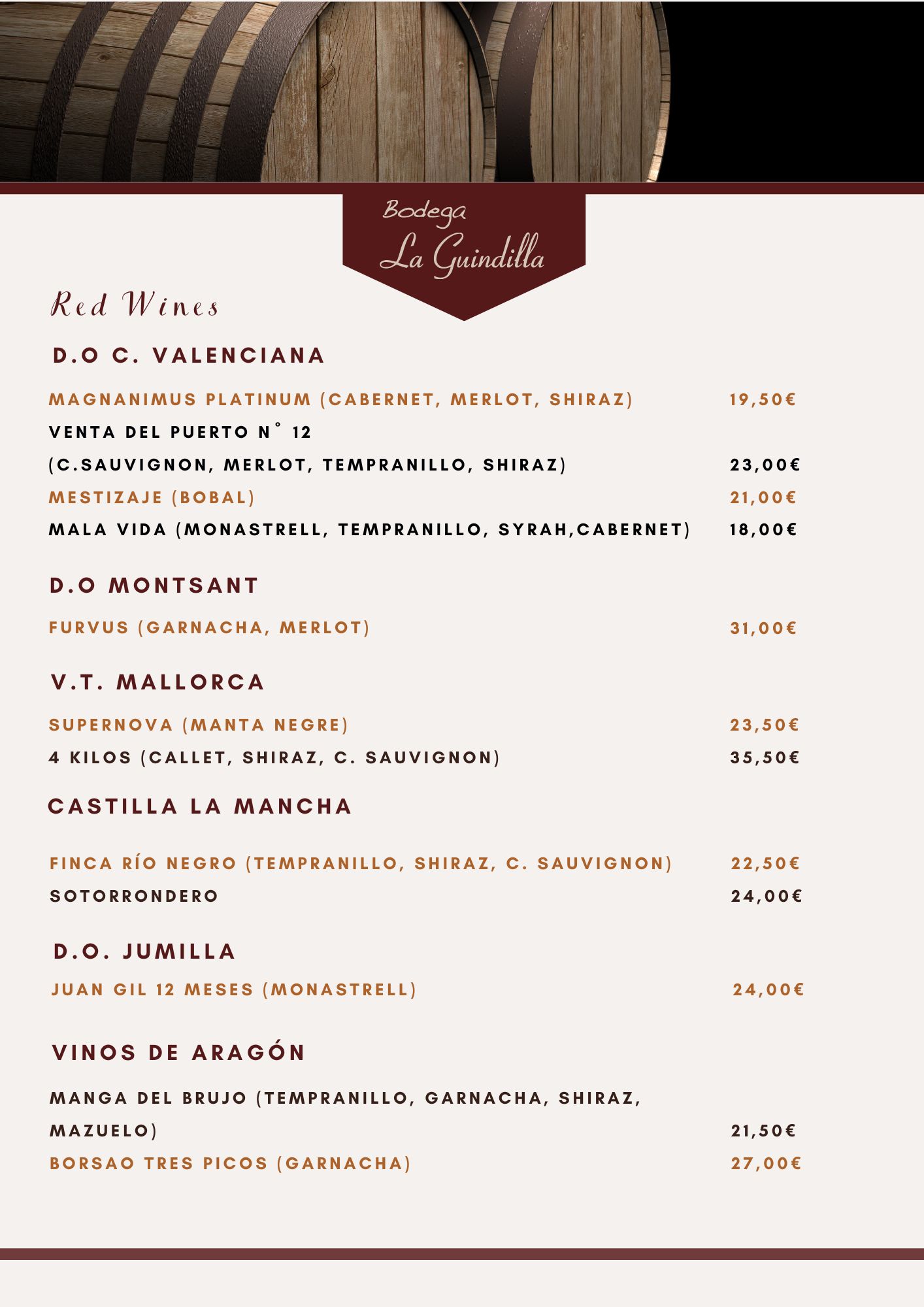 Carta de vinos de Bodega La Guindilla con precios, incluyendo vinos de Valencia, Montsant, Mallorca y otras regiones.