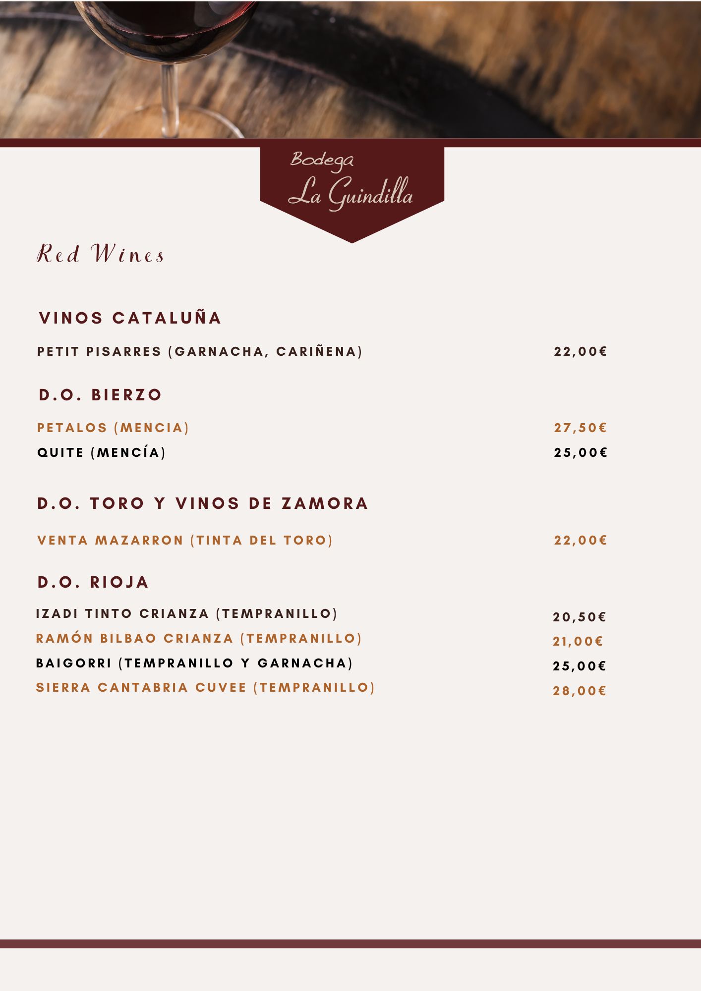 Carta de vinos tintos de Bodega La Guindilla con precios, incluye opciones de Cataluña, Bierzo, Zamora y Rioja