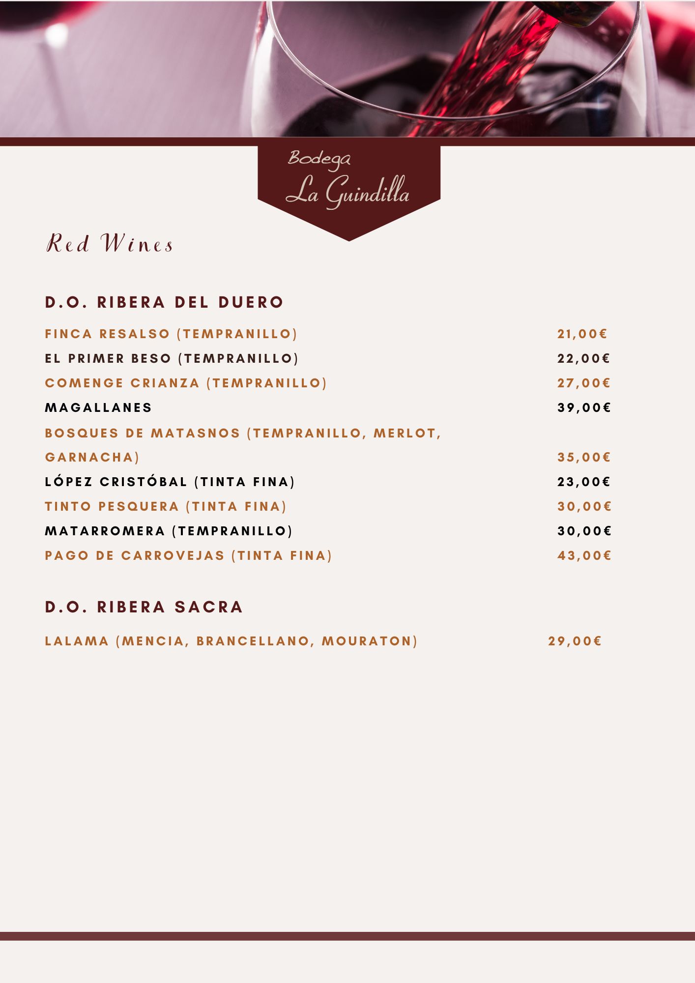 Carta de vinos tintos de Bodega La Guindilla, incluye variedades de Ribera del Duero y Ribera Sacra.