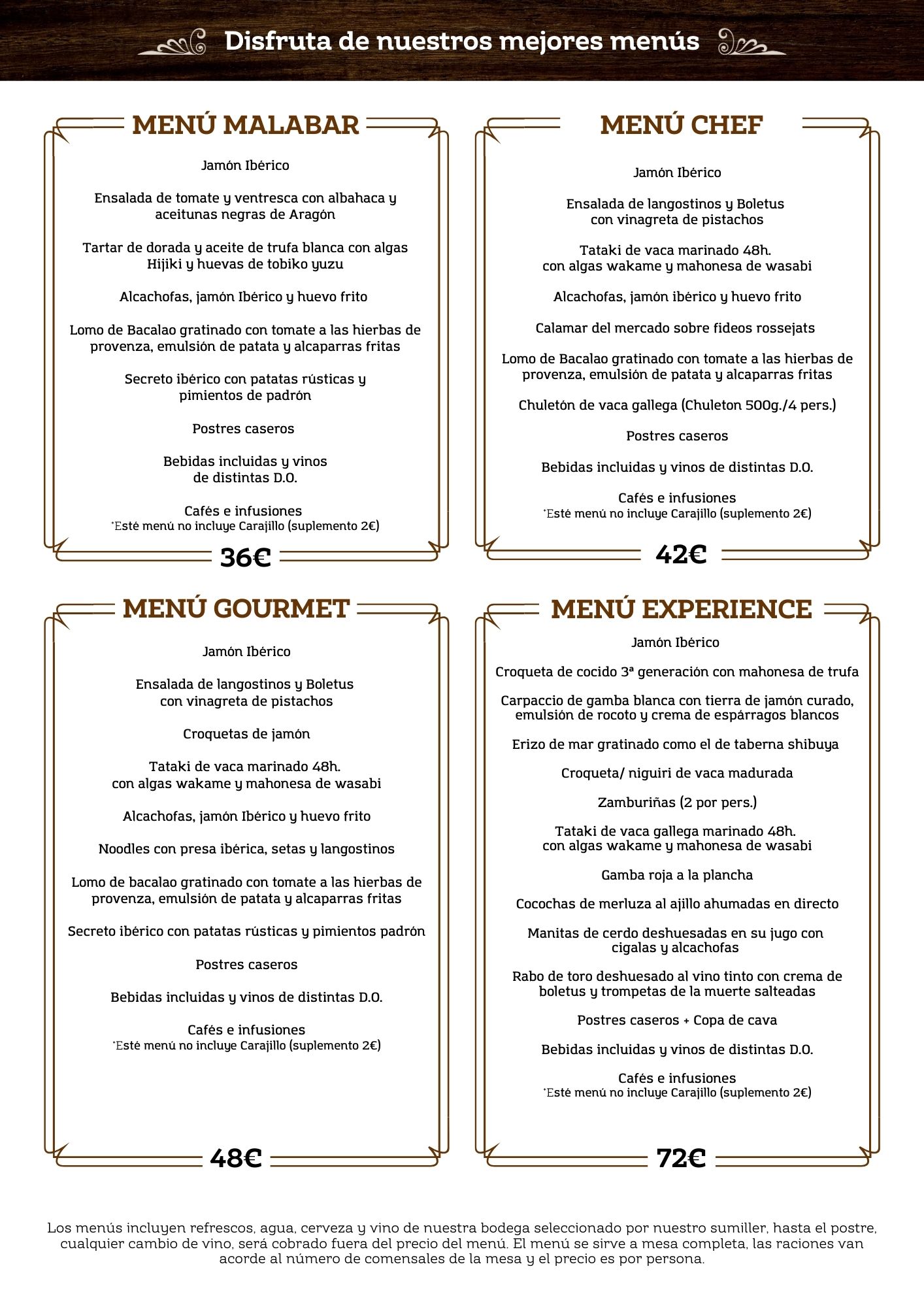 Menú de restaurante con secciones Malabar, Chef, Gourmet y Experience, cada una con platos detallados y precios.