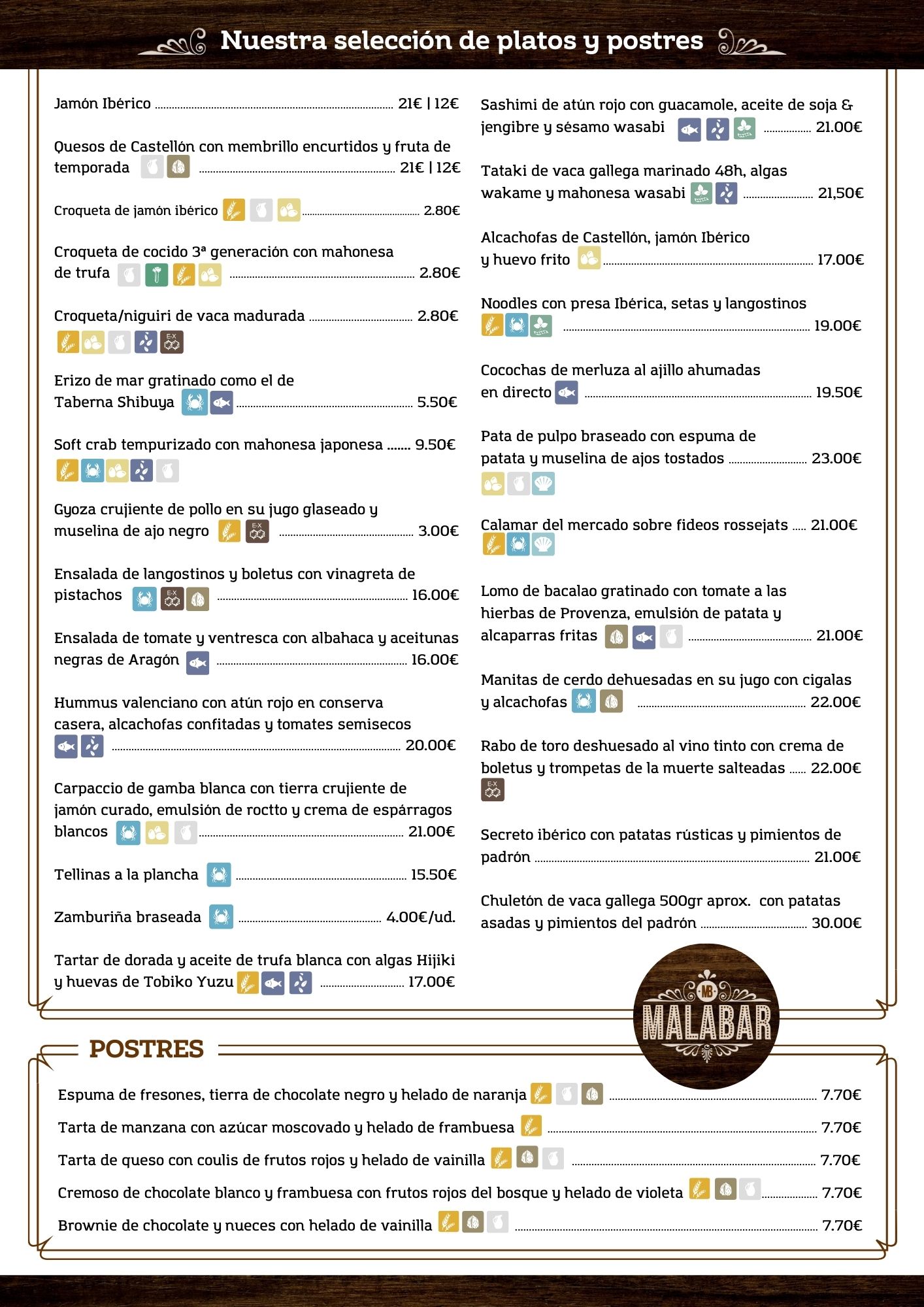 Menú de restaurante con platos como jamón ibérico, croquetas, tataki de vaca, pulpo braseado y postres variados.