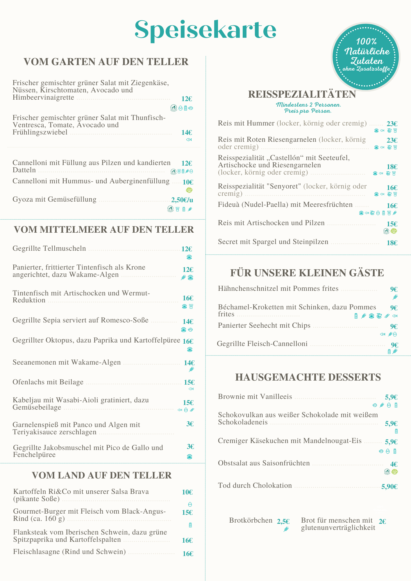 Menú de restaurante en alemán con secciones de platos principales, especialidades de arroz, postres y opciones para niños.