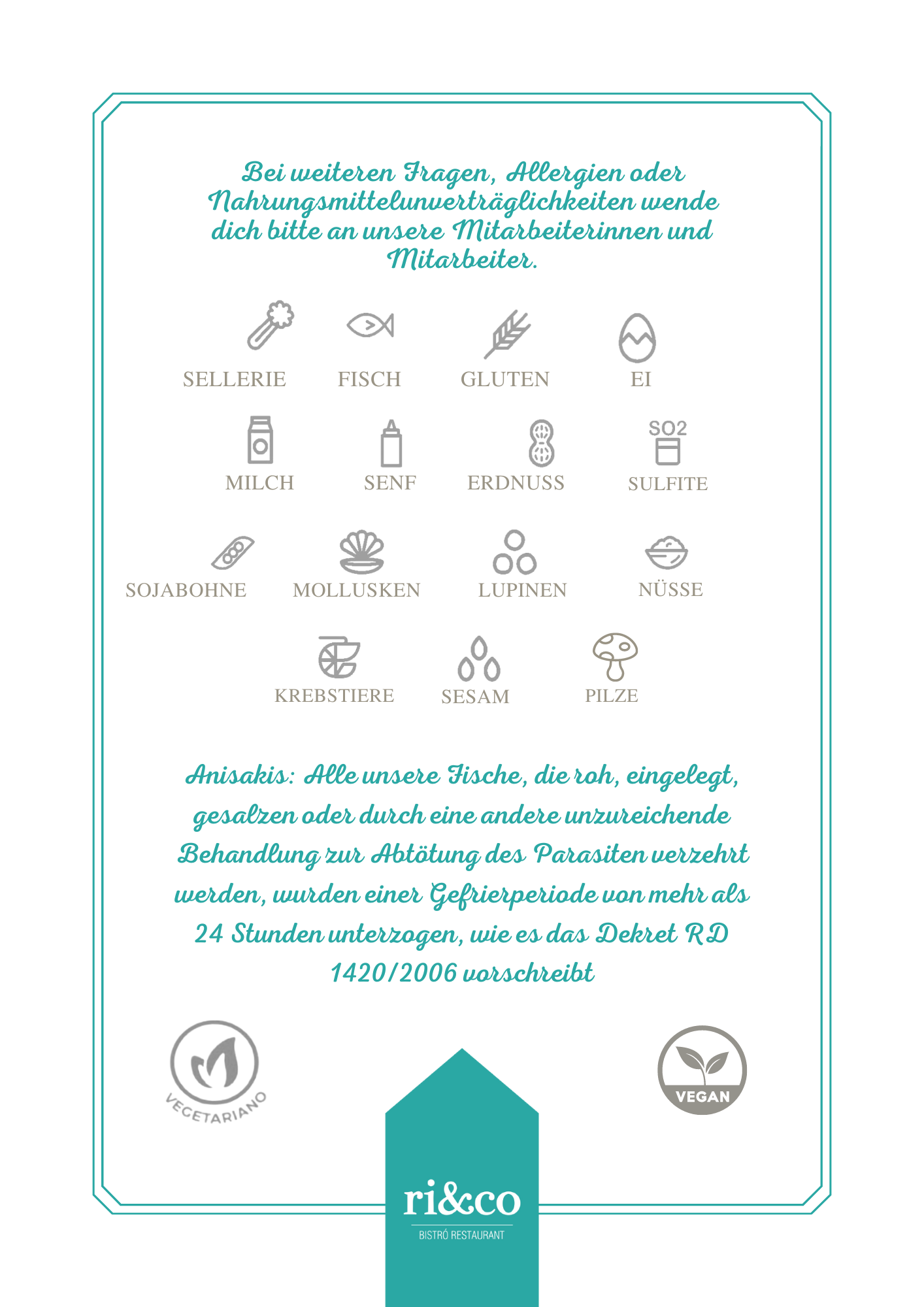 Iconos de alérgenos alimentarios con texto en alemán sobre ingredientes y tratamiento de pescados en ri&co bistro restaurant