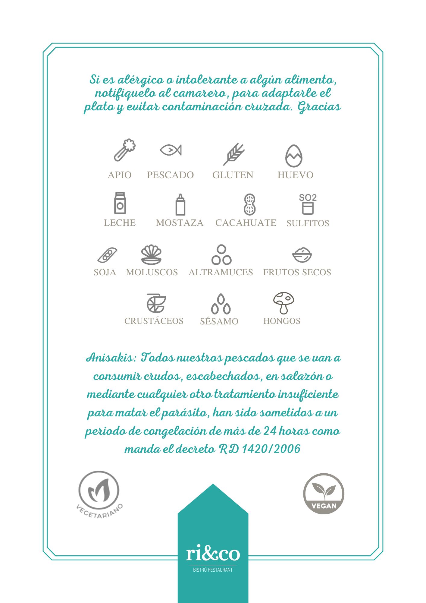 Iconos de alérgenos comunes en alimentos, como pescado, gluten y huevo, con advertencias sobre contaminación cruzada.