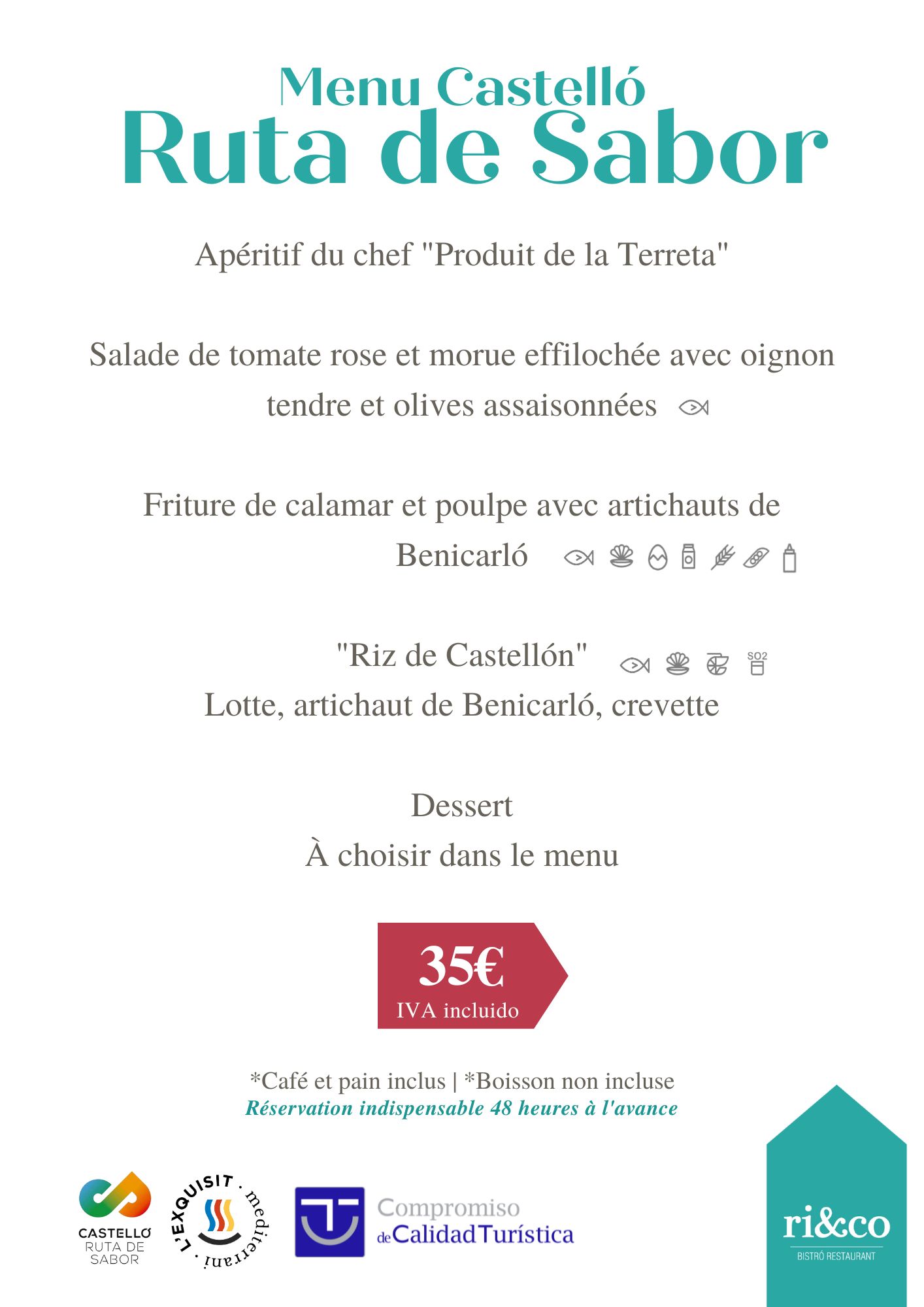 Menú Castelló Ruta de Sabor con aperitivo, ensalada, fritura, arroz y postre por 35€ IVA incluido, logos de calidad turística