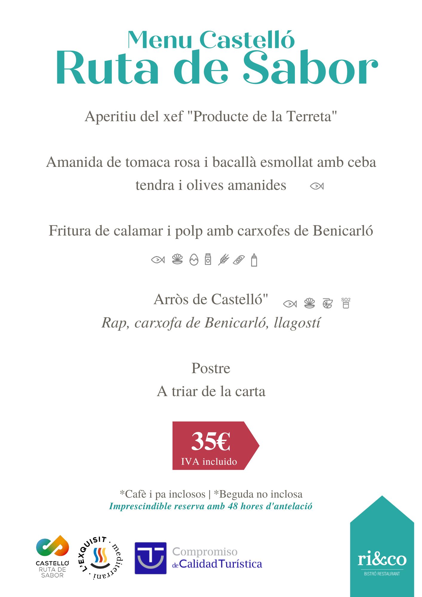 Menú Castelló Ruta de Sabor con precios, incluye aperitivo, ensalada, fritura, arroz, postre y logotipos de calidad turística