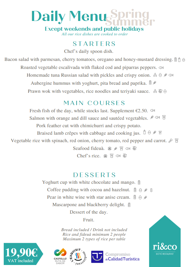 Menú diario de primavera/verano con entrantes, platos principales y postres, precio 19,90€ IVA incluido, logo ri&co.