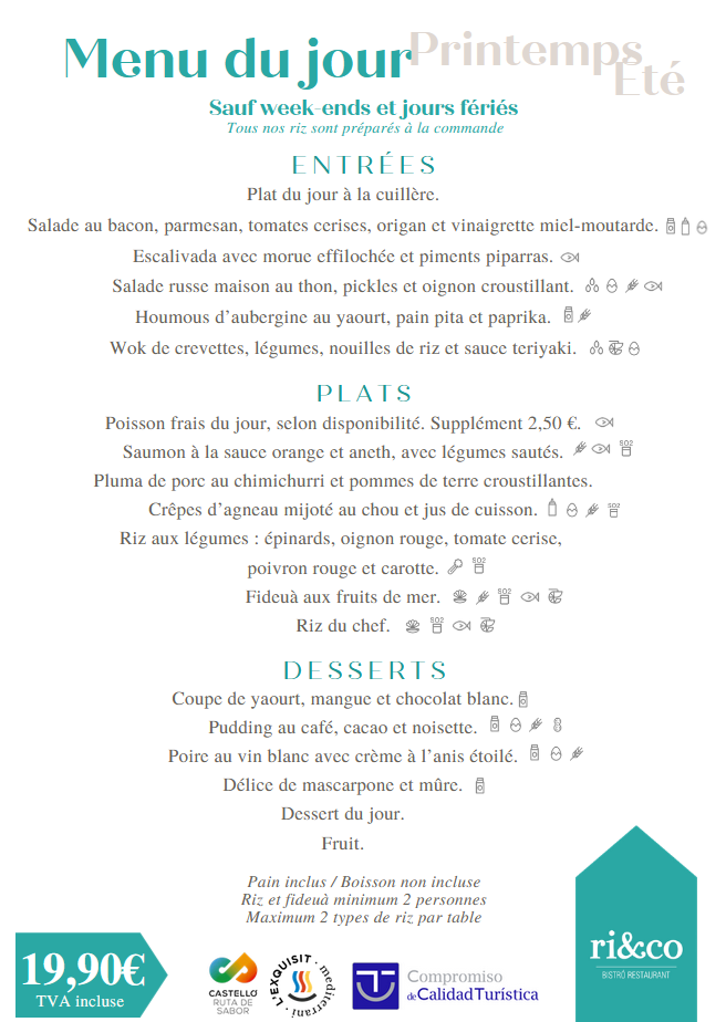 Menú del día en francés con entradas, platos principales y postres, precio 19,90€, incluye logos de calidad turística.