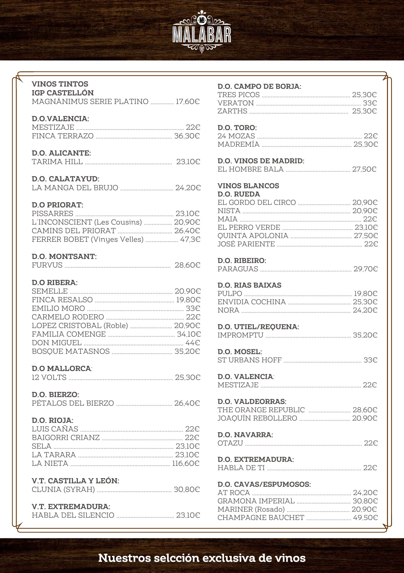 Menú de vinos de Malabar con precios, incluyendo opciones de varias denominaciones de origen y variedades.