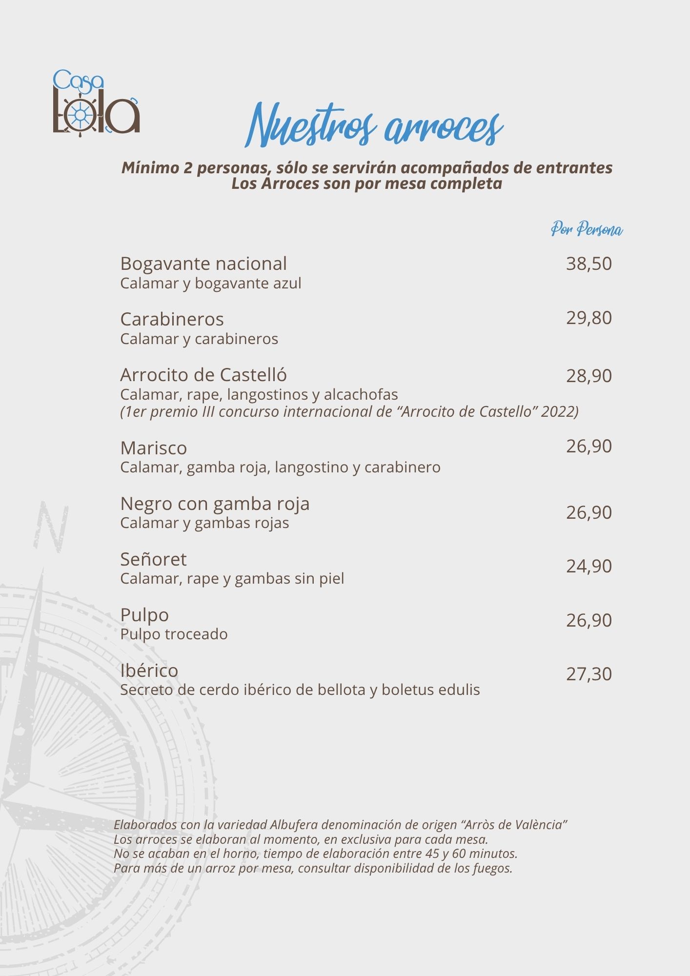 Menú de arroces con precios, incluye opciones como bogavante, calamar, carabinero y marisco en Casa Lola.