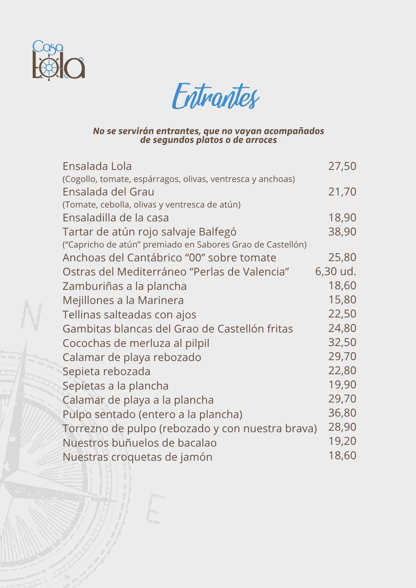 Menú de entrantes con precios en restaurante, incluye ensaladas, tartar, gambitas, sepia y pulpo a la plancha.