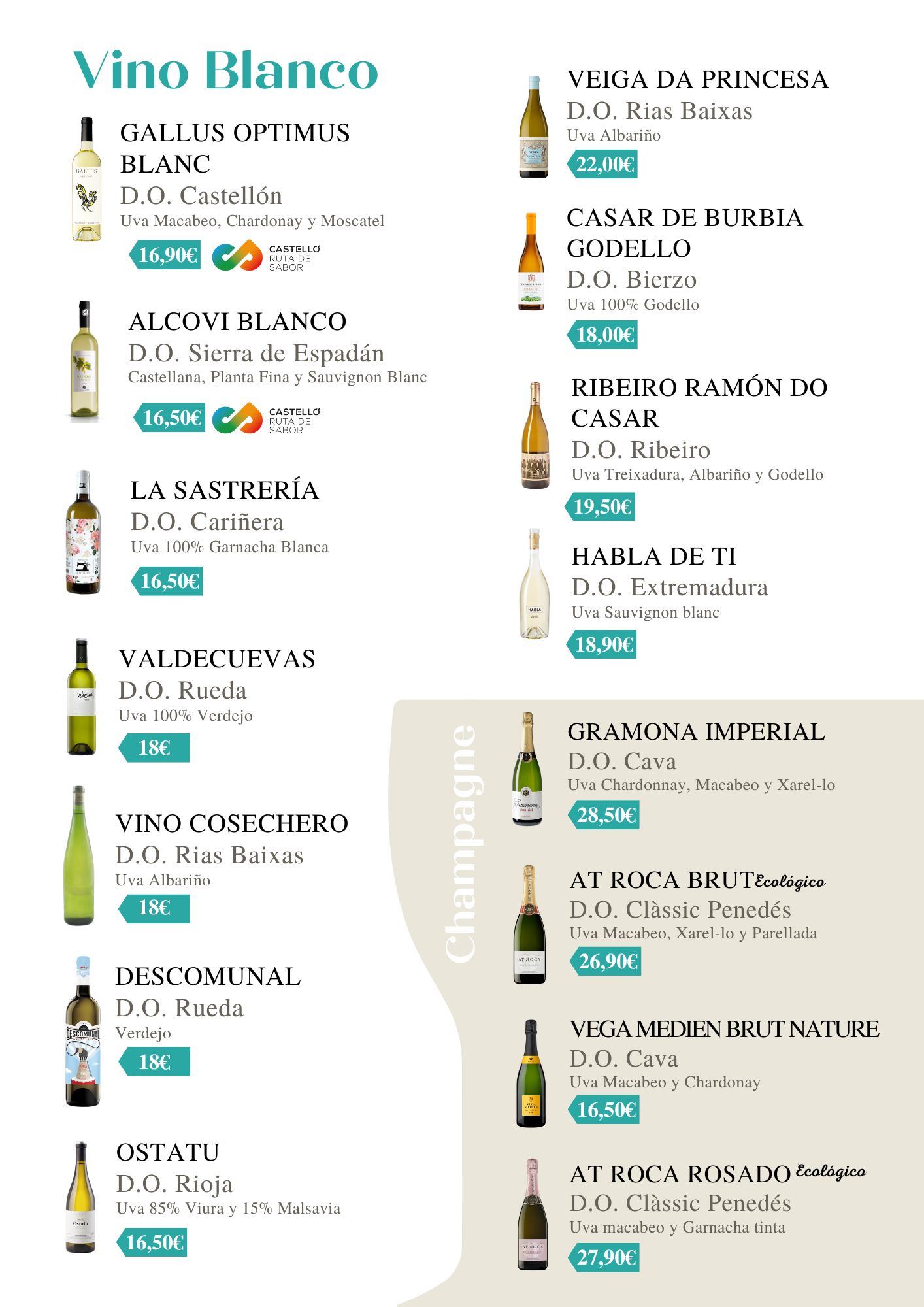 Lista de vinos blancos con nombres, denominaciones de origen y botellas ilustradas, incluyendo opciones ecológicas.