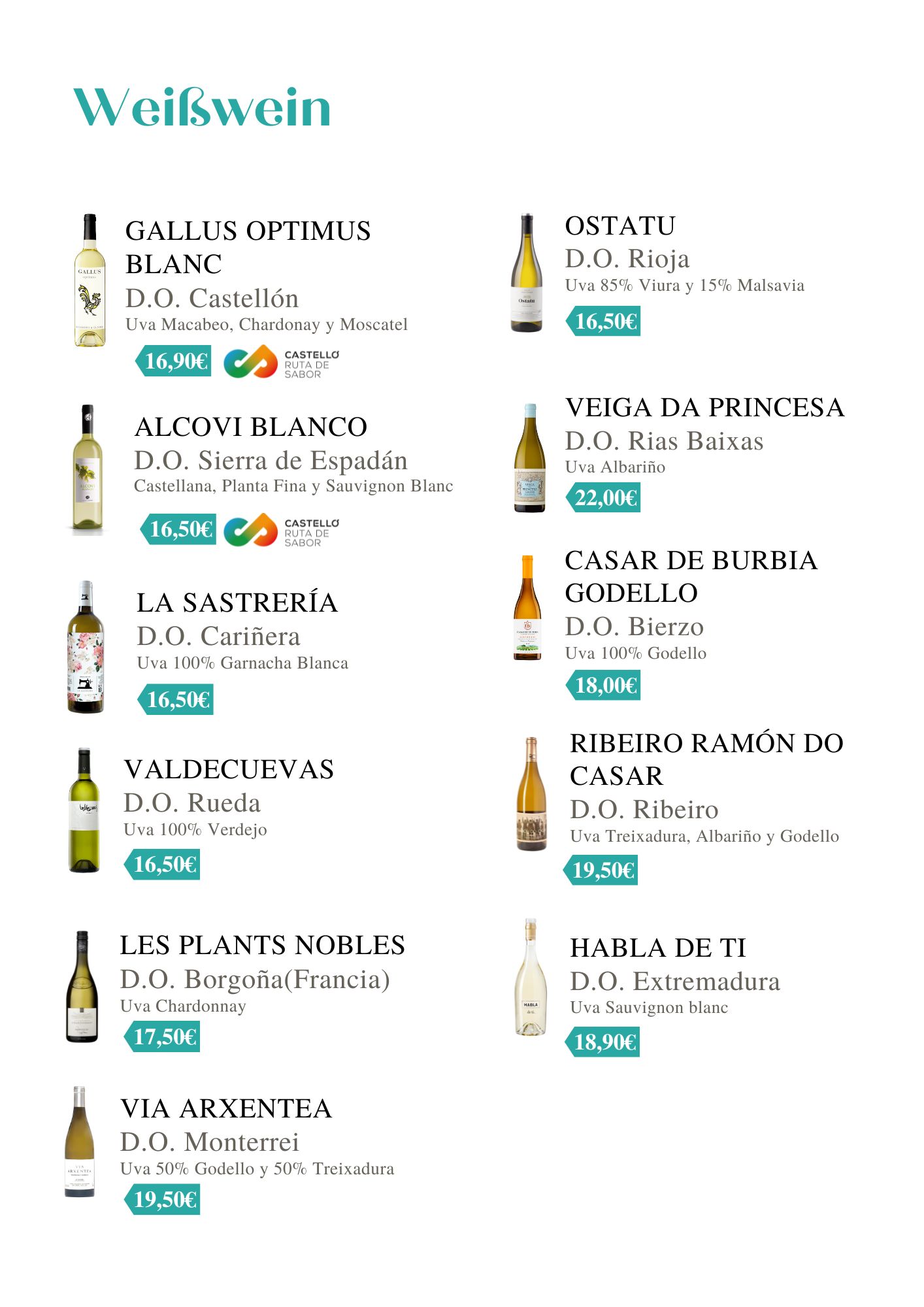 Lista de vinos blancos con precios y denominaciones de origen, incluyendo imágenes de botellas y etiquetas.