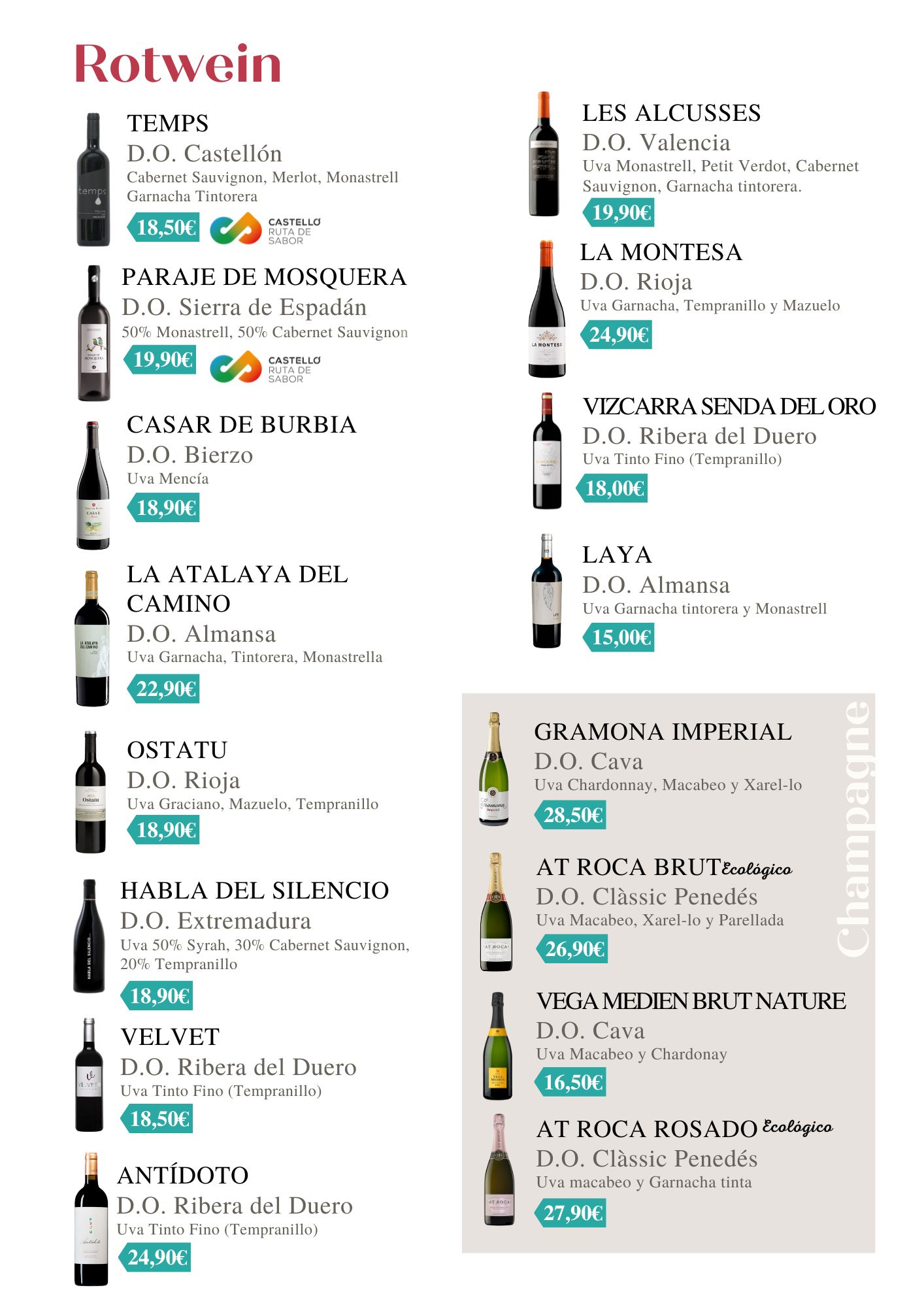 Lista de vinos tintos y champán con precios y denominaciones de origen. Botellas y etiquetas visibles.