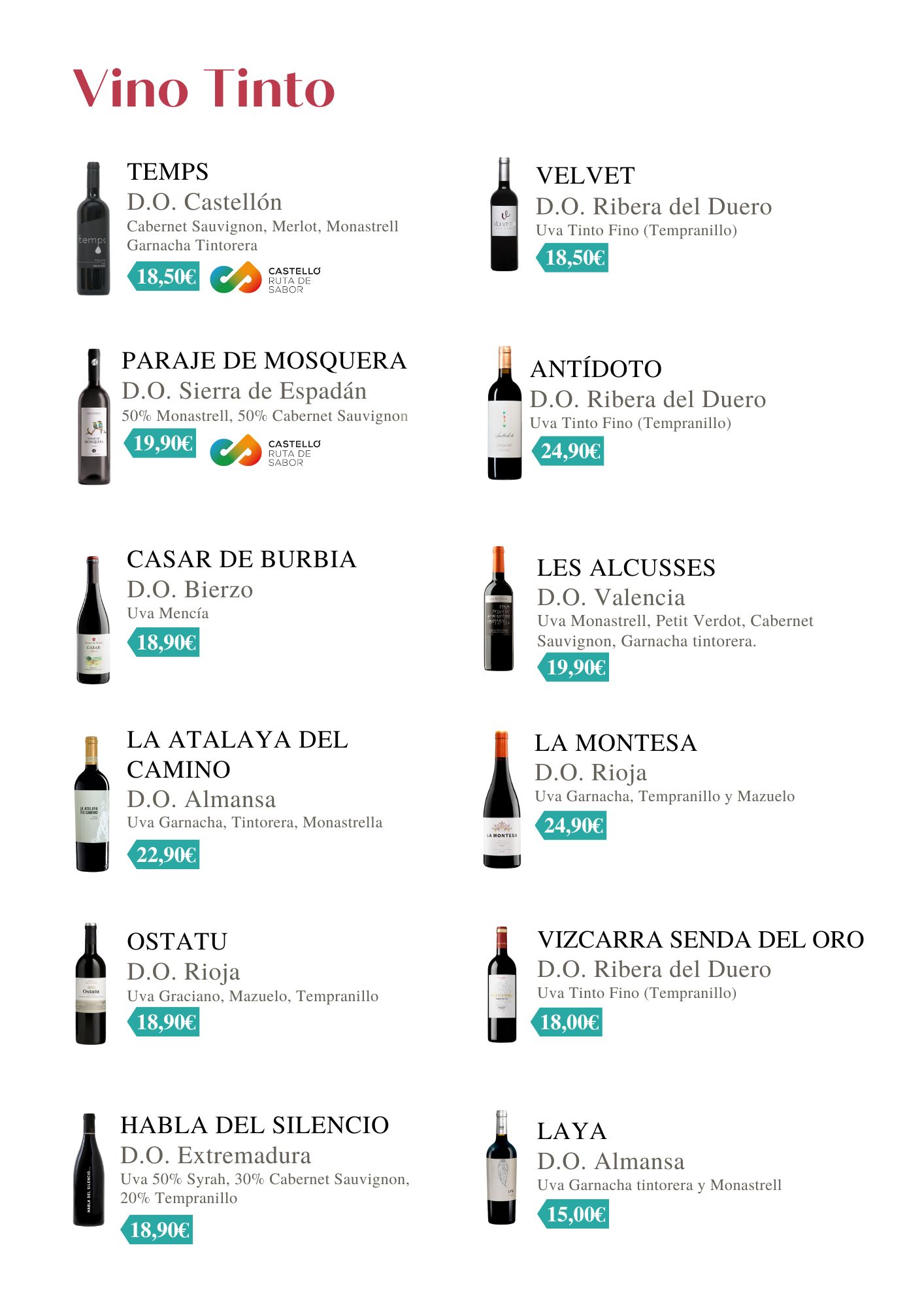 Lista de vinos tintos con nombres, denominaciones de origen, variedades de uva, precios y botellas ilustradas.