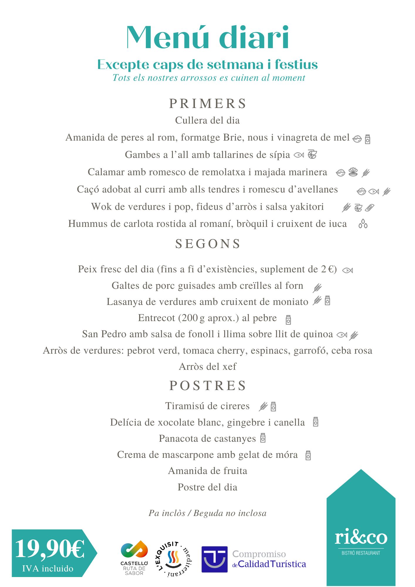 Menú diario de Carta Multimedia con opciones de primeros, segundos y postres, precio de 19,90€ IVA incluido.