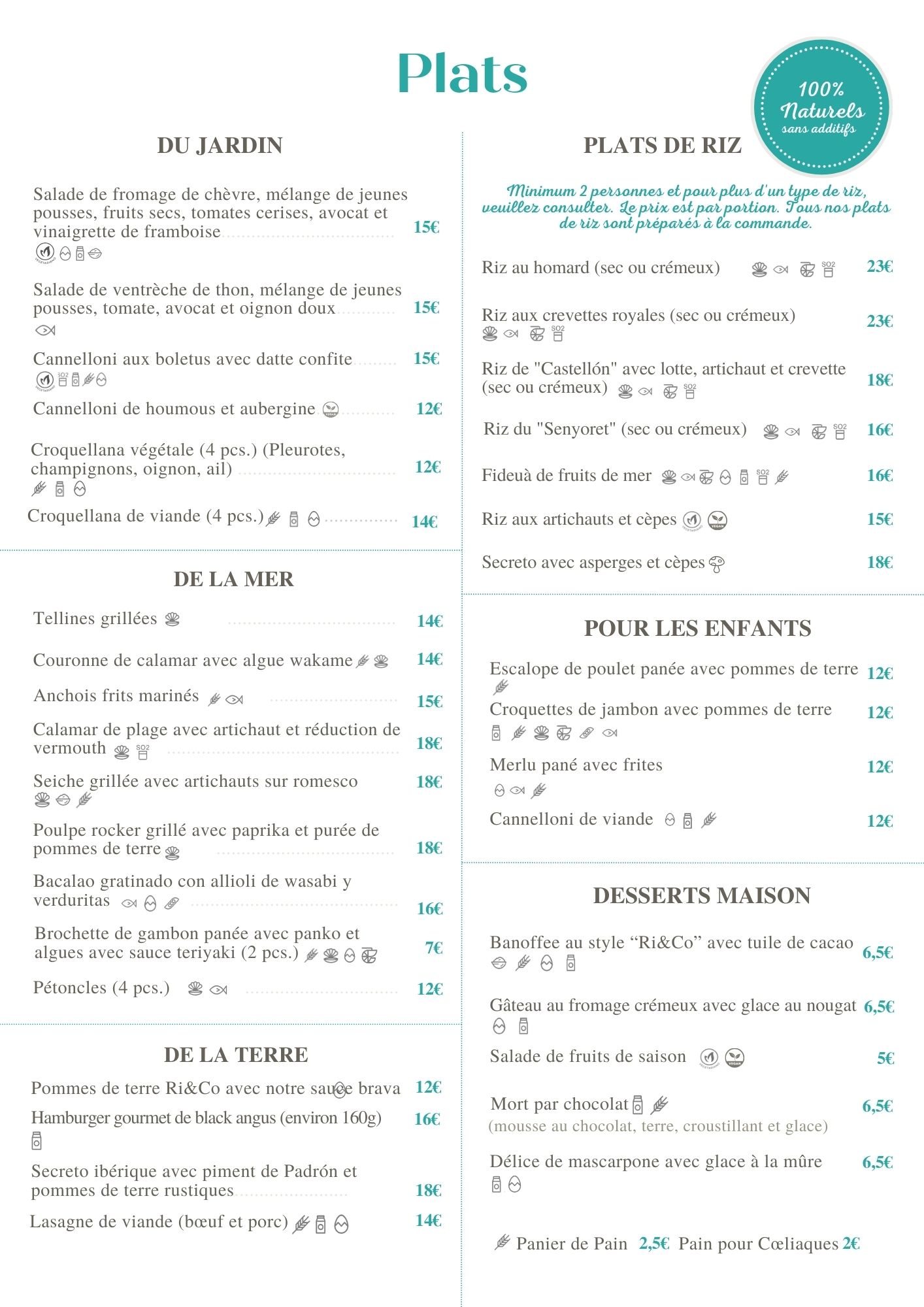 Menú de restaurante con secciones de ensaladas, platos de arroz, mariscos y opciones para niños, con precios y descripciones.