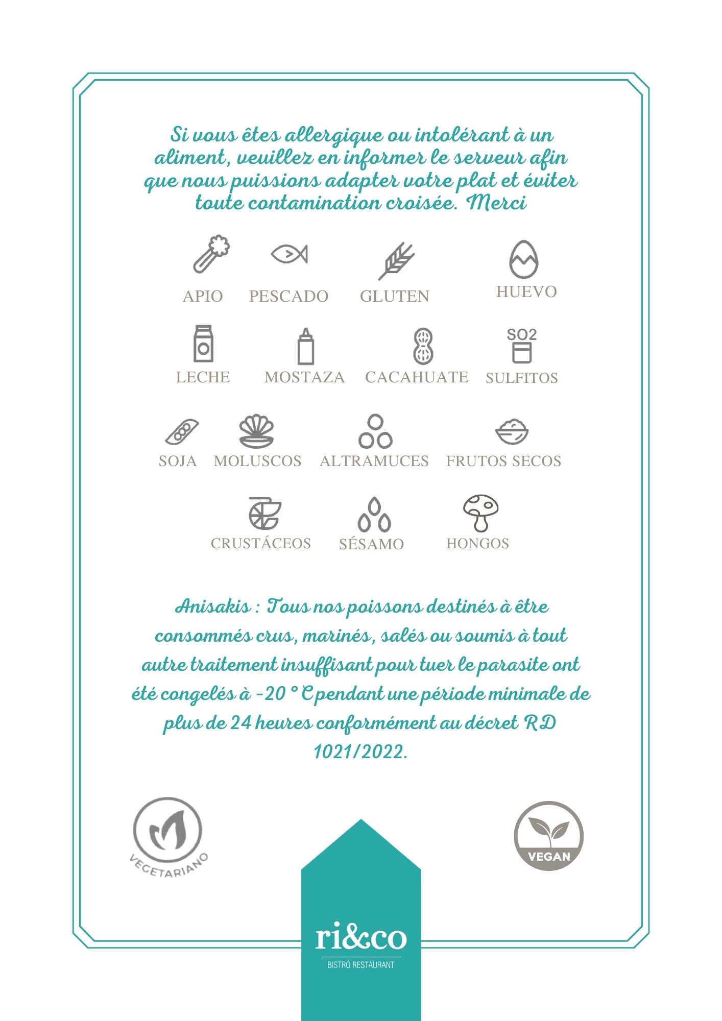 Iconos de alérgenos como apio, gluten, huevo, pescado, y más, con advertencia sobre alergias en francés.