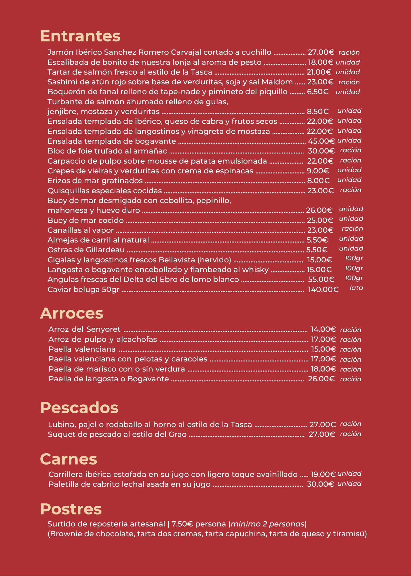 Menú de La Tasca con entrantes, arroces, carnes y postres, mostrando precios por ración y unidad en fondo rojo.
