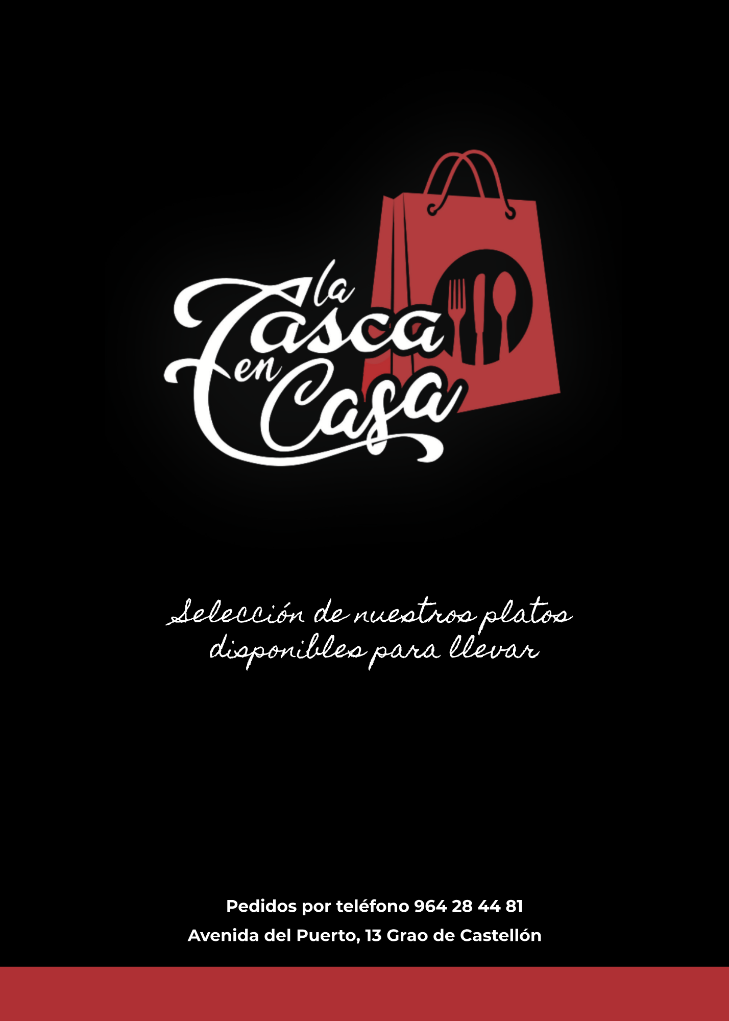 Logo de La Tasca en Casa con bolsa roja y cubiertos, texto sobre platos para llevar y contacto en Grao de Castellón