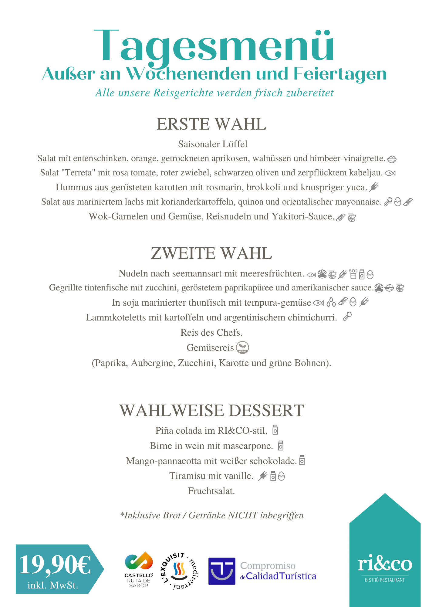 Menú del día en alemán con opciones de entrada, plato principal y postre, incluye precios y logotipos de certificaciones.