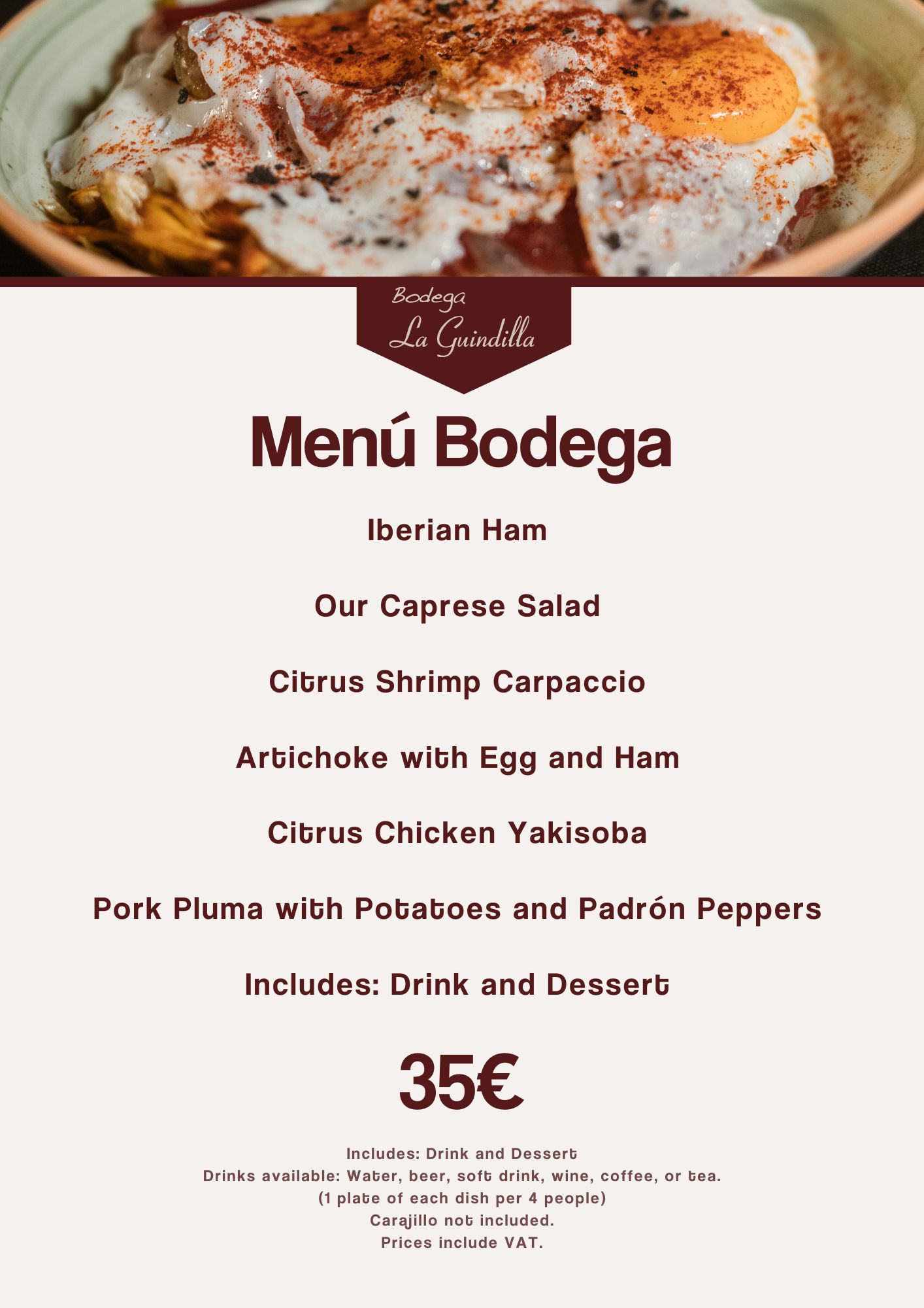 Menú de Bodega La Guindilla con platos como jamón ibérico, carpaccio de camarón y pluma de cerdo por 35€