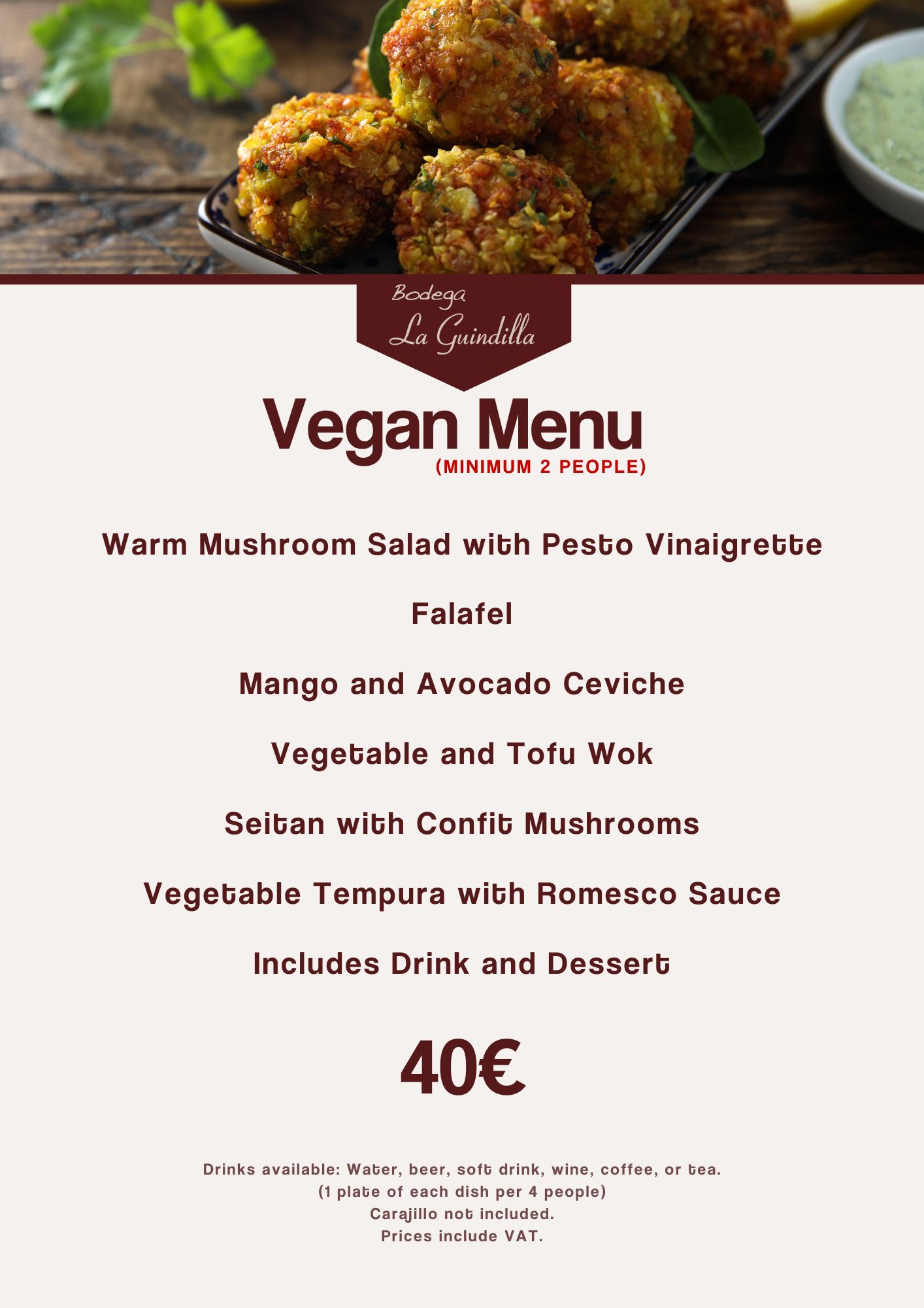 Menú vegano para dos personas con platos como falafel, ceviche de mango y aguacate, y tempura de verduras, 40€.