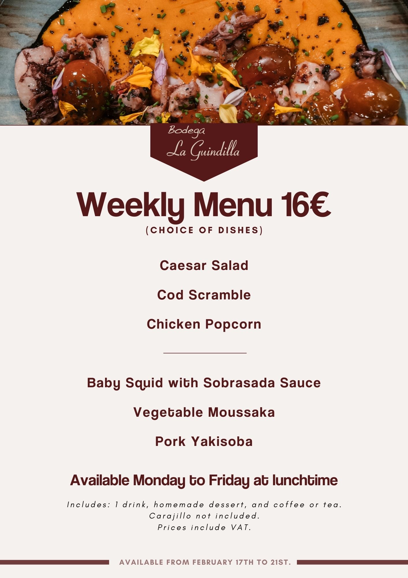 Menú semanal 16€ con opciones como ensalada César, bacalao revuelto, pollo crujiente y yakisoba de cerdo.