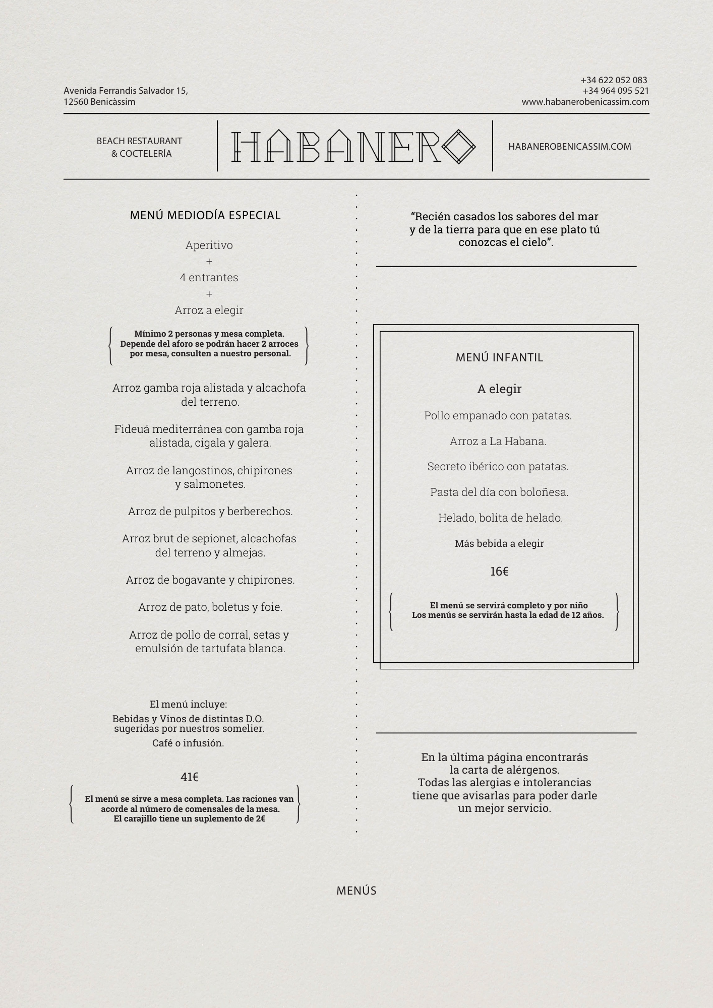 Menú del restaurante Habanero con opciones de aperitivos, entrantes, platos principales y menú infantil.