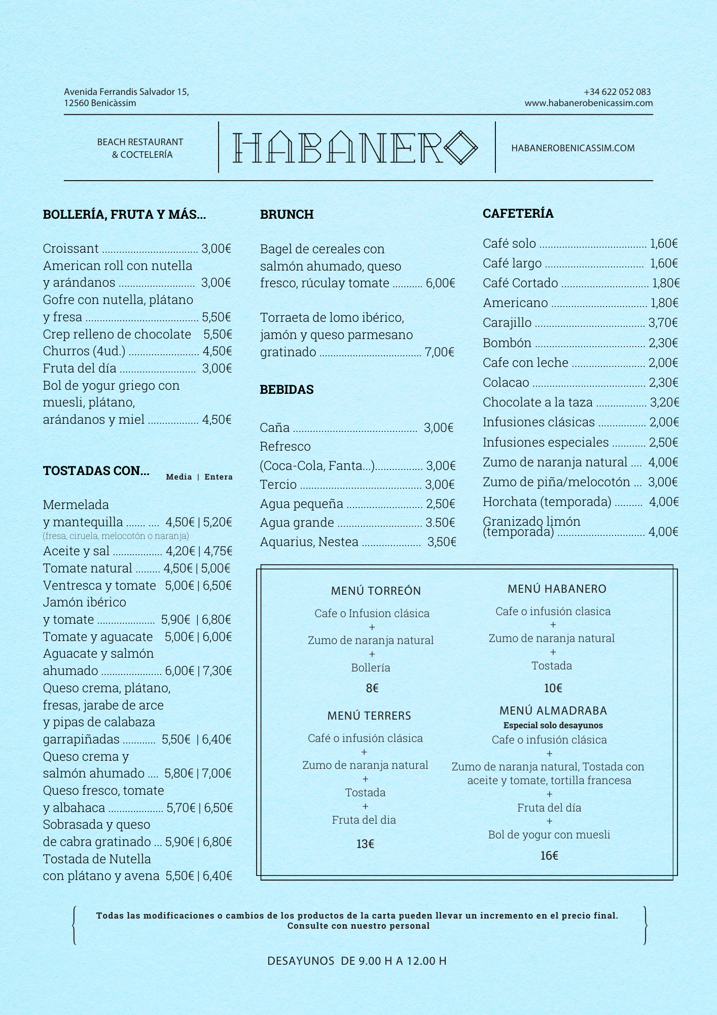 Menú de restaurante Habanero en papel azul con secciones de bollería, brunch, bebidas y menús especiales.